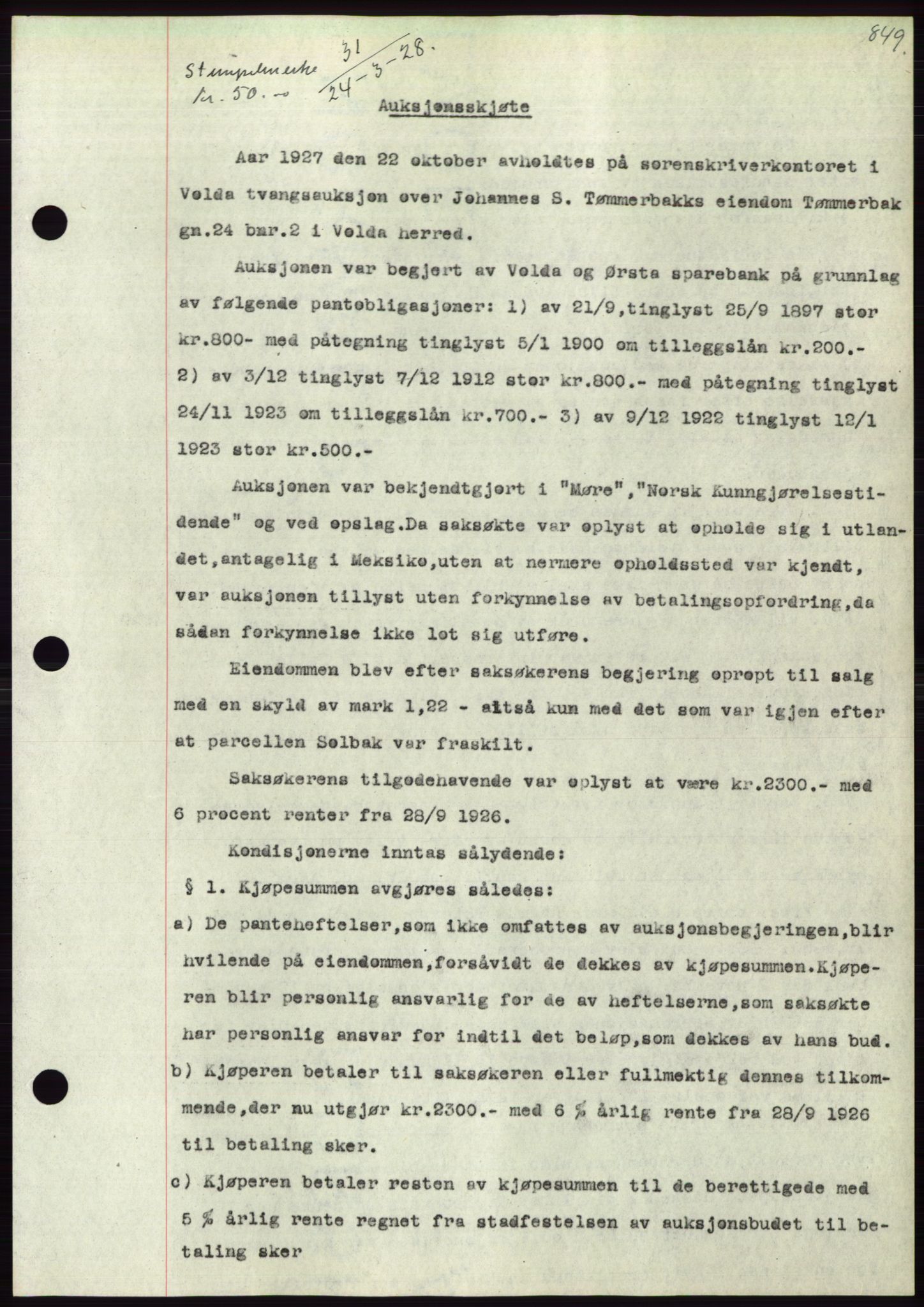 Søre Sunnmøre sorenskriveri, AV/SAT-A-4122/1/2/2C/L0047: Mortgage book no. 41, 1927-1928, Deed date: 24.03.1928