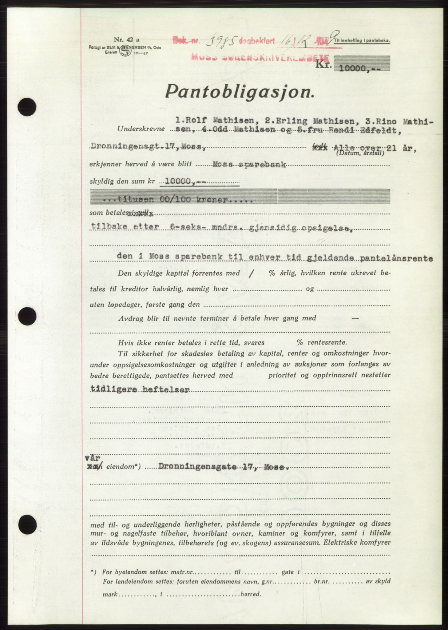 Moss sorenskriveri, SAO/A-10168: Mortgage book no. B23, 1949-1950, Diary no: : 3985/1949