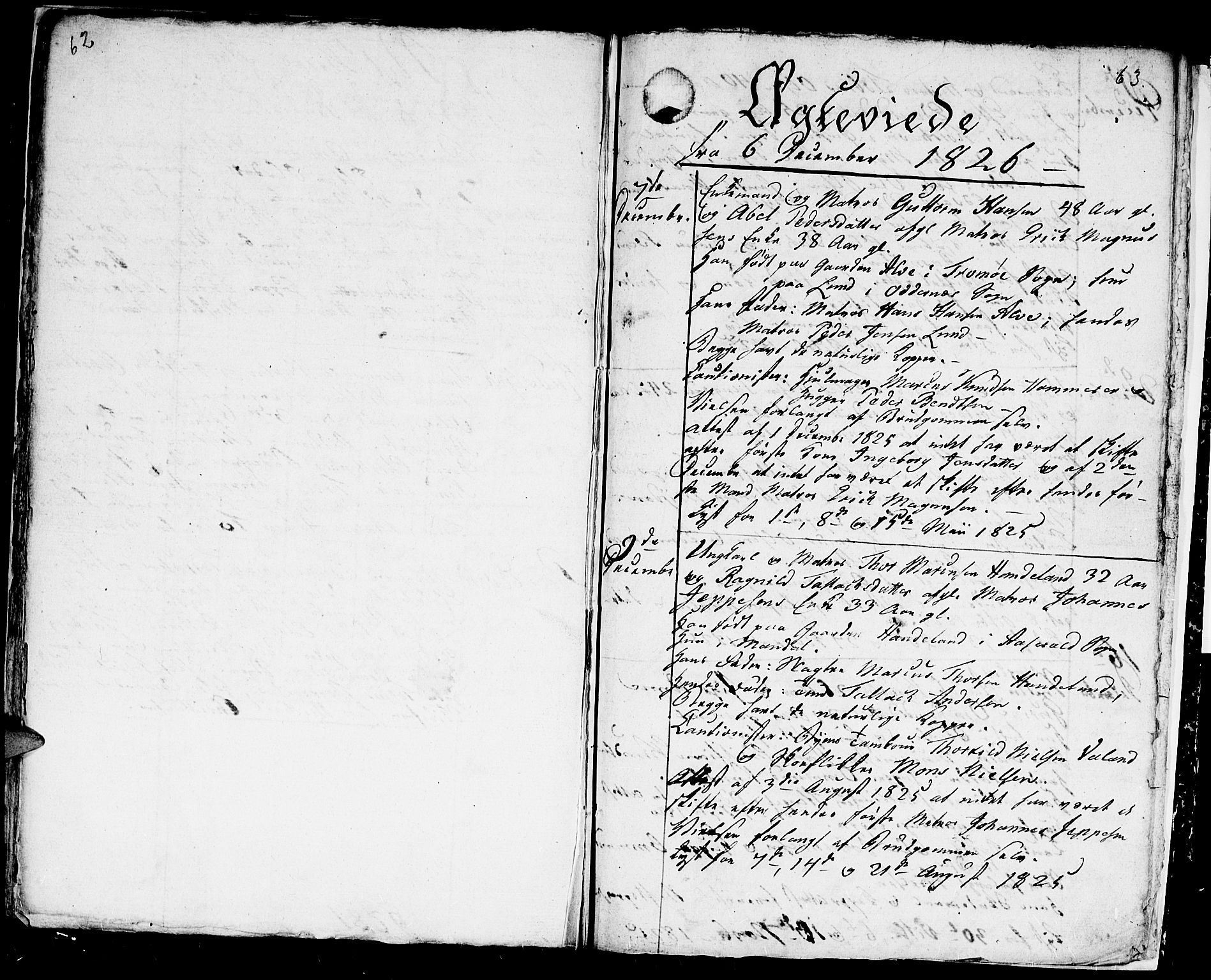 Kristiansand domprosti, AV/SAK-1112-0006/F/Fb/L0003: Parish register (copy) no. B 3, 1825-1826, p. 62-63