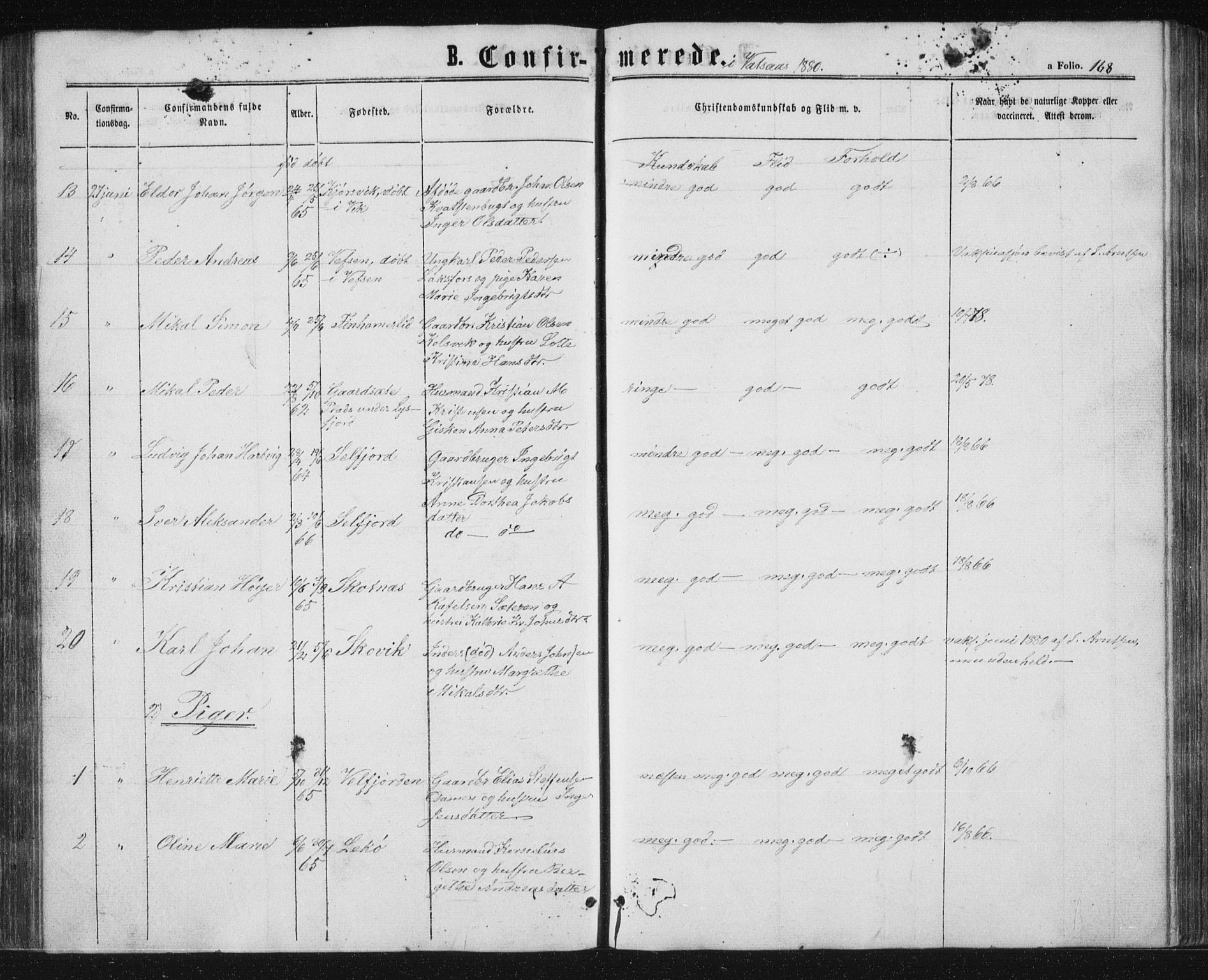 Ministerialprotokoller, klokkerbøker og fødselsregistre - Nordland, AV/SAT-A-1459/810/L0158: Parish register (copy) no. 810C02 /1, 1863-1883, p. 168