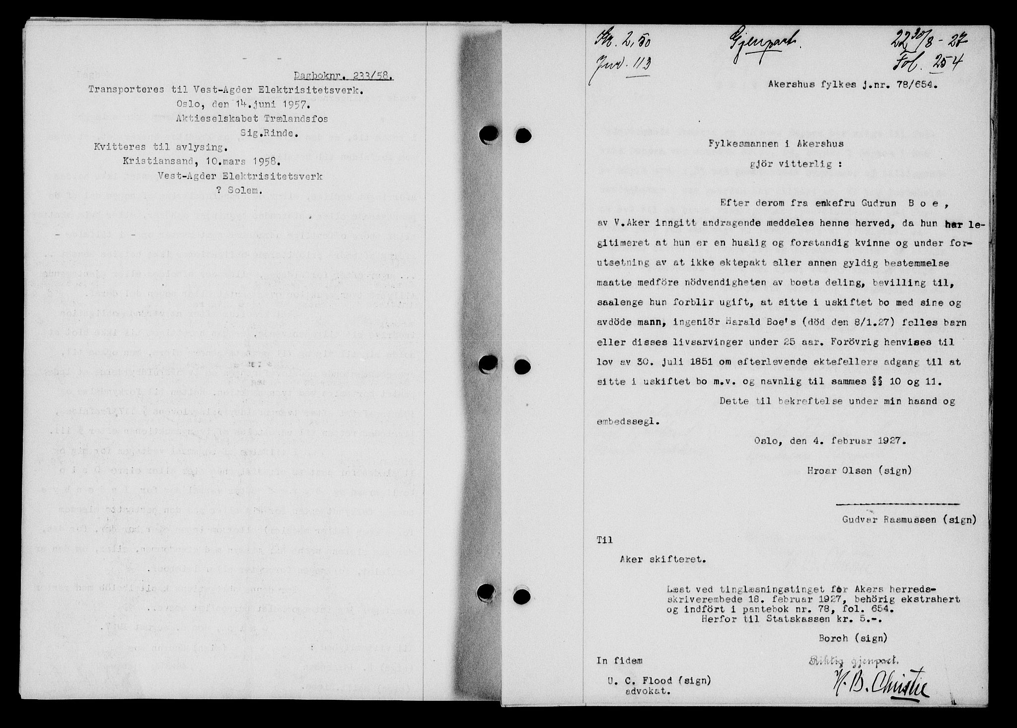 Flekkefjord sorenskriveri, SAK/1221-0001/G/Gb/Gba/L0043: Mortgage book no. 41, 1926-1927, Deed date: 30.08.1927