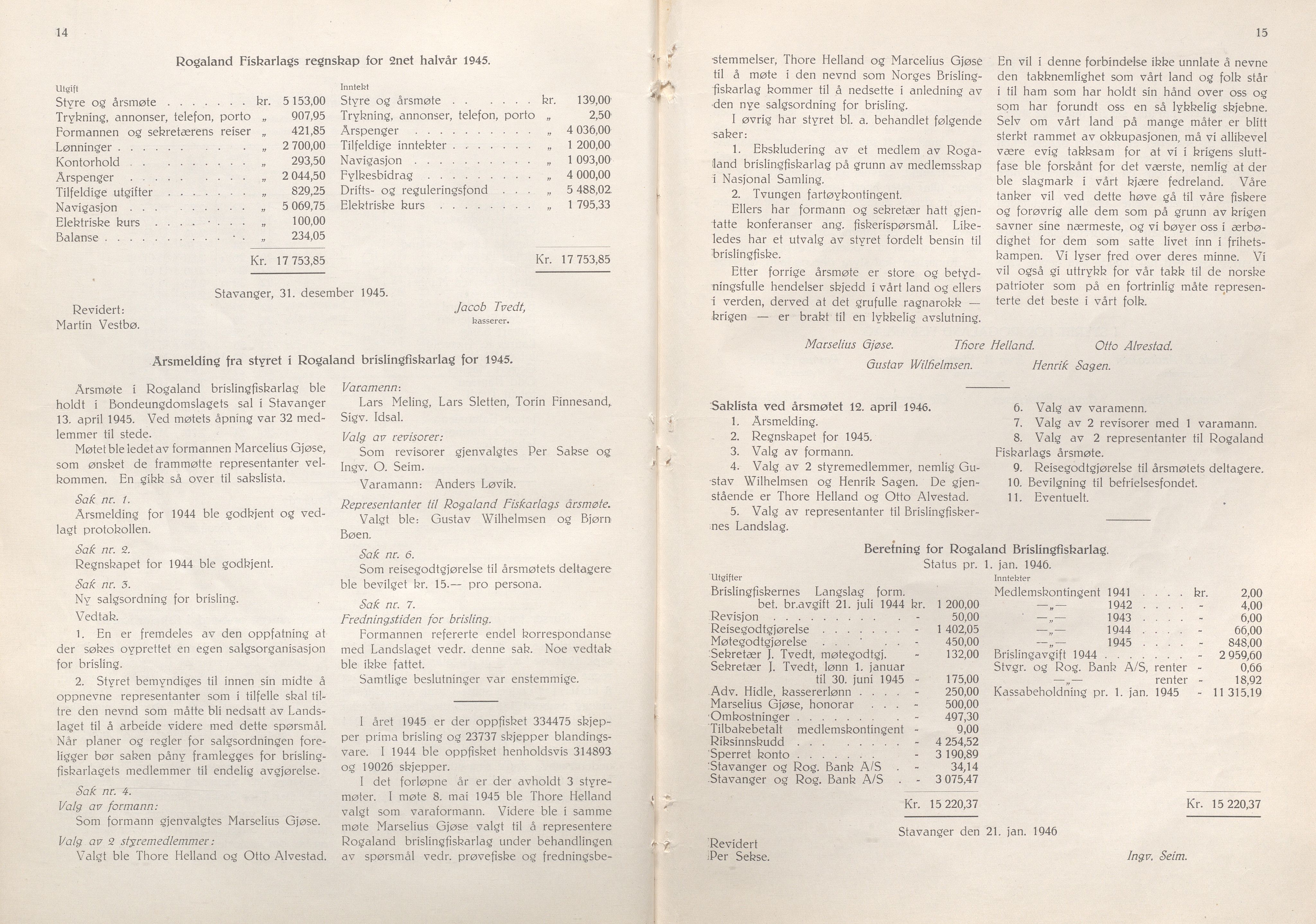 Rogaland fylkeskommune - Fylkesrådmannen , IKAR/A-900/A/Aa/Aaa/L0065: Møtebok , 1946, p. 14-15