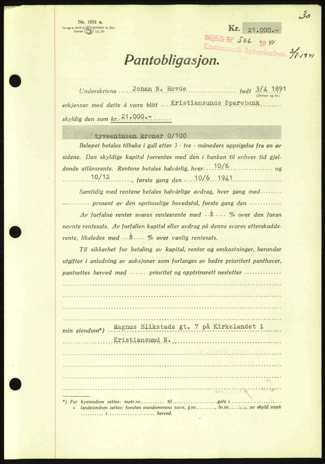 Kristiansund byfogd, AV/SAT-A-4587/A/27: Mortgage book no. 35, 1941-1942, Diary no: : 506/1941