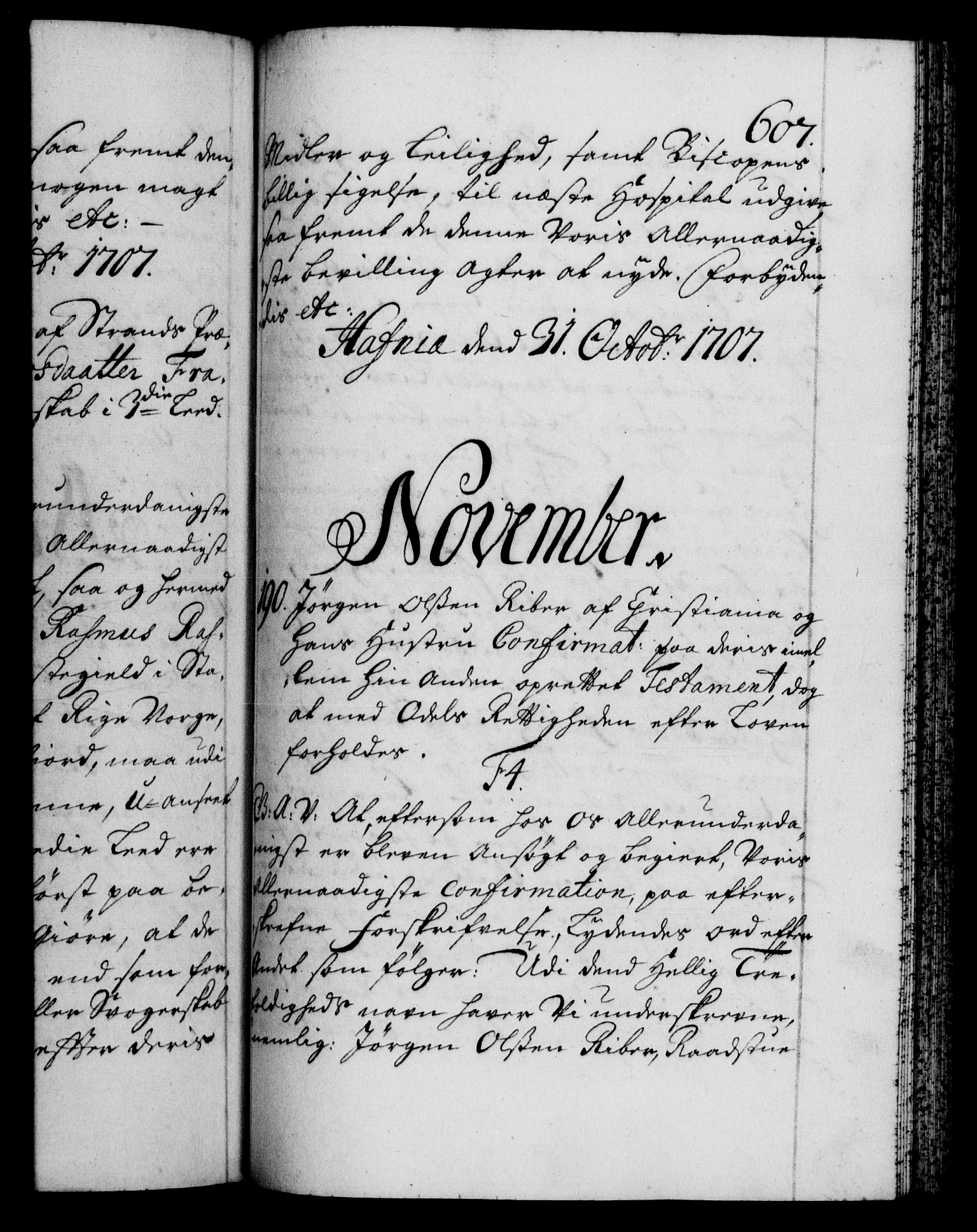 Danske Kanselli 1572-1799, RA/EA-3023/F/Fc/Fca/Fcaa/L0019: Norske registre, 1704-1707, p. 607a