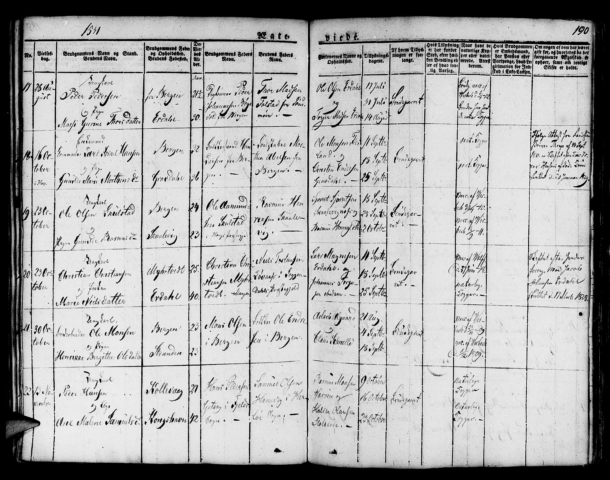 Askøy Sokneprestembete, SAB/A-74101/H/Ha/Haa/Haaa/L0004: Parish register (official) no. A 4, 1825-1845, p. 190