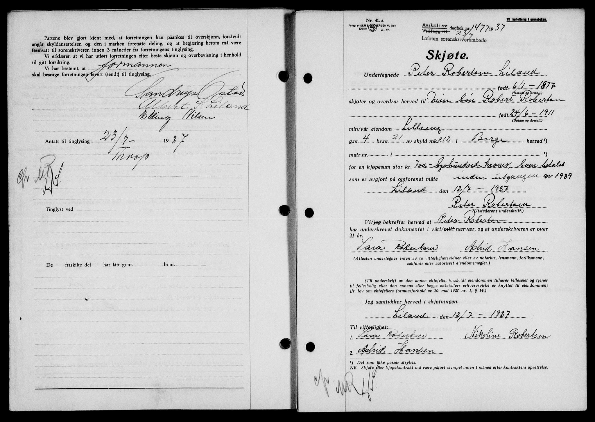 Lofoten sorenskriveri, SAT/A-0017/1/2/2C/L0002a: Mortgage book no. 2a, 1937-1937, Diary no: : 1477/1937