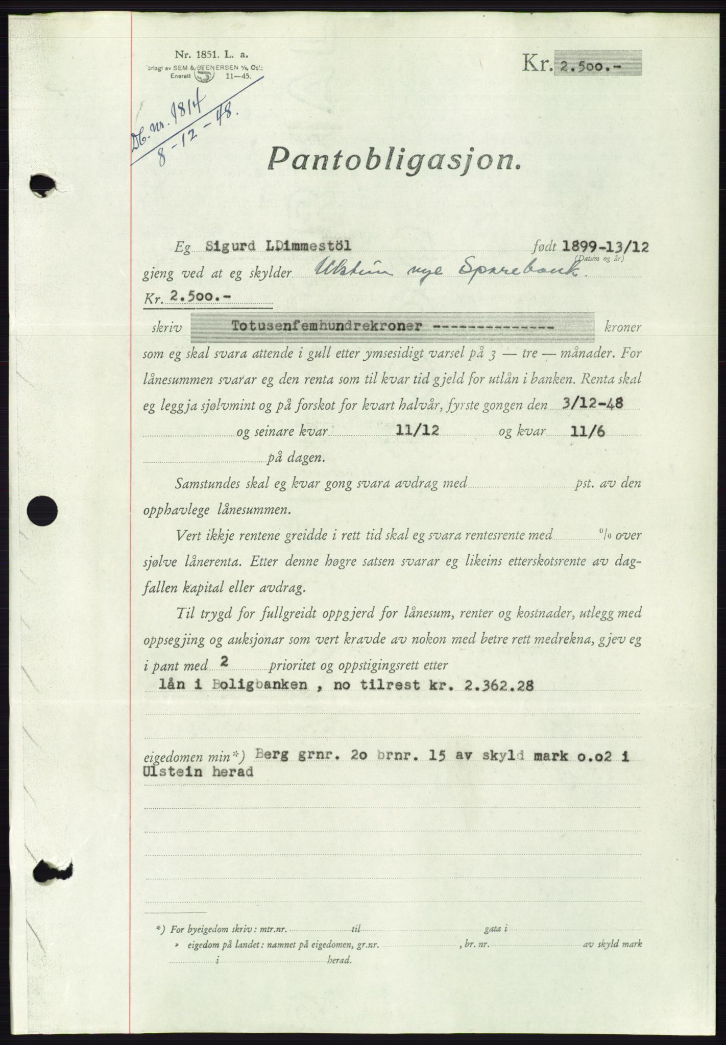 Søre Sunnmøre sorenskriveri, AV/SAT-A-4122/1/2/2C/L0116: Mortgage book no. 4B, 1948-1949, Diary no: : 1814/1948