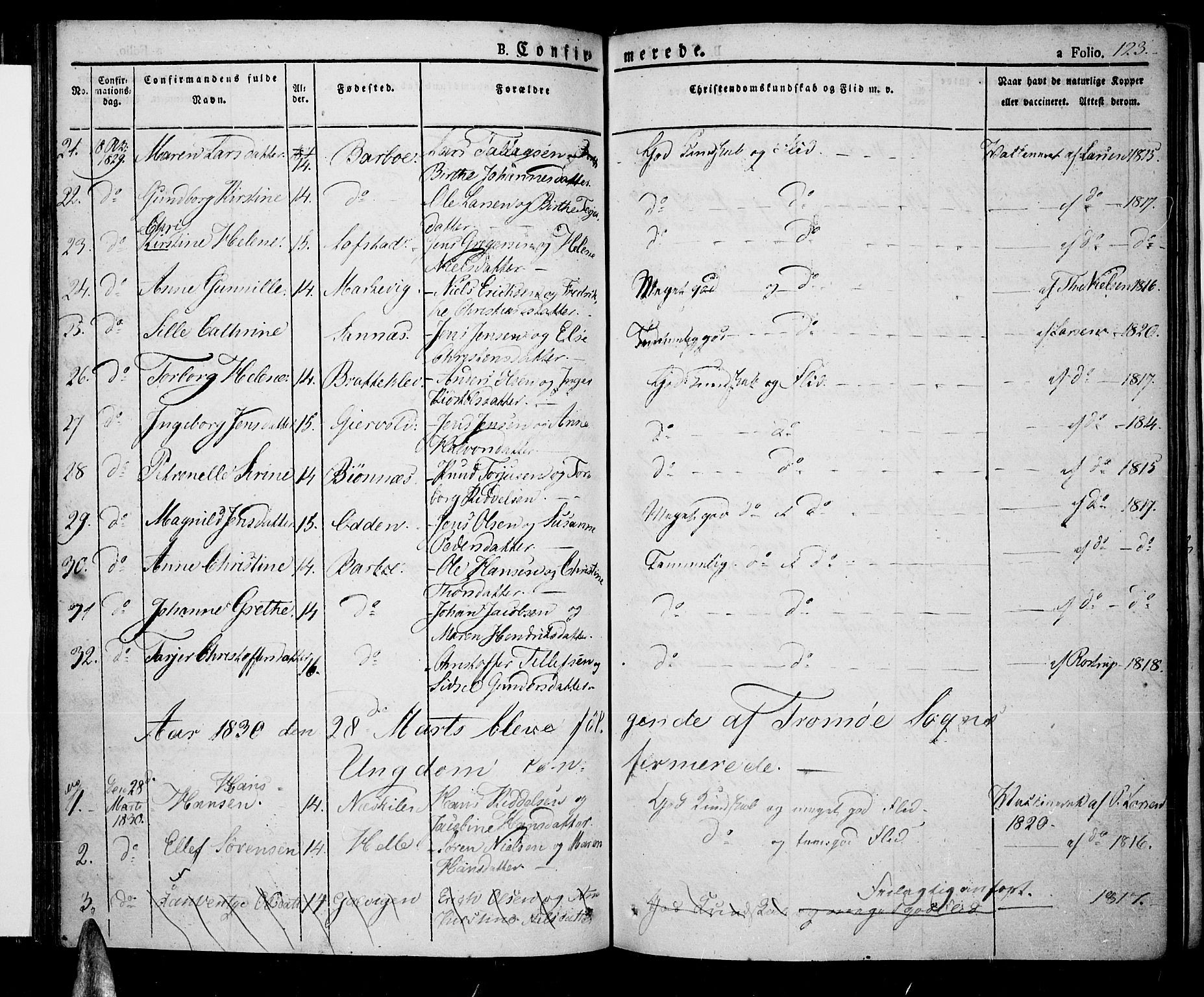 Tromøy sokneprestkontor, SAK/1111-0041/F/Fa/L0003: Parish register (official) no. A 3, 1825-1837, p. 123