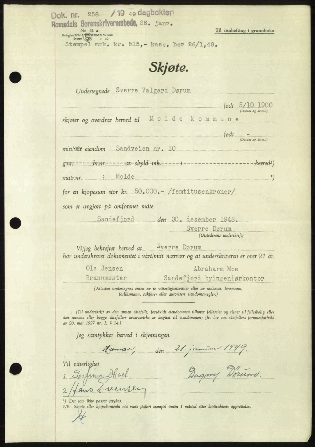 Romsdal sorenskriveri, AV/SAT-A-4149/1/2/2C: Mortgage book no. A28, 1948-1949, Diary no: : 258/1949