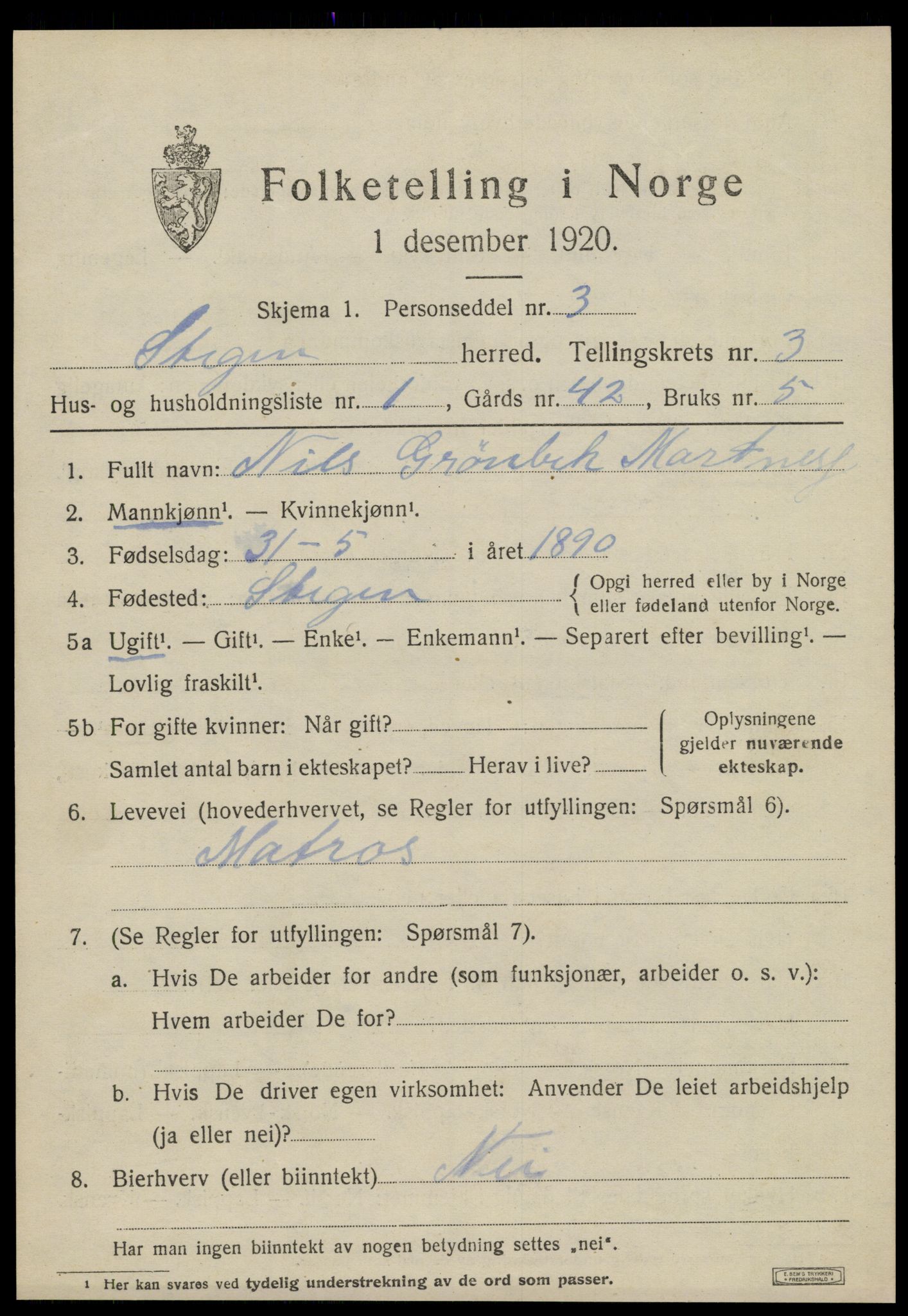 SAT, 1920 census for Steigen, 1920, p. 1368