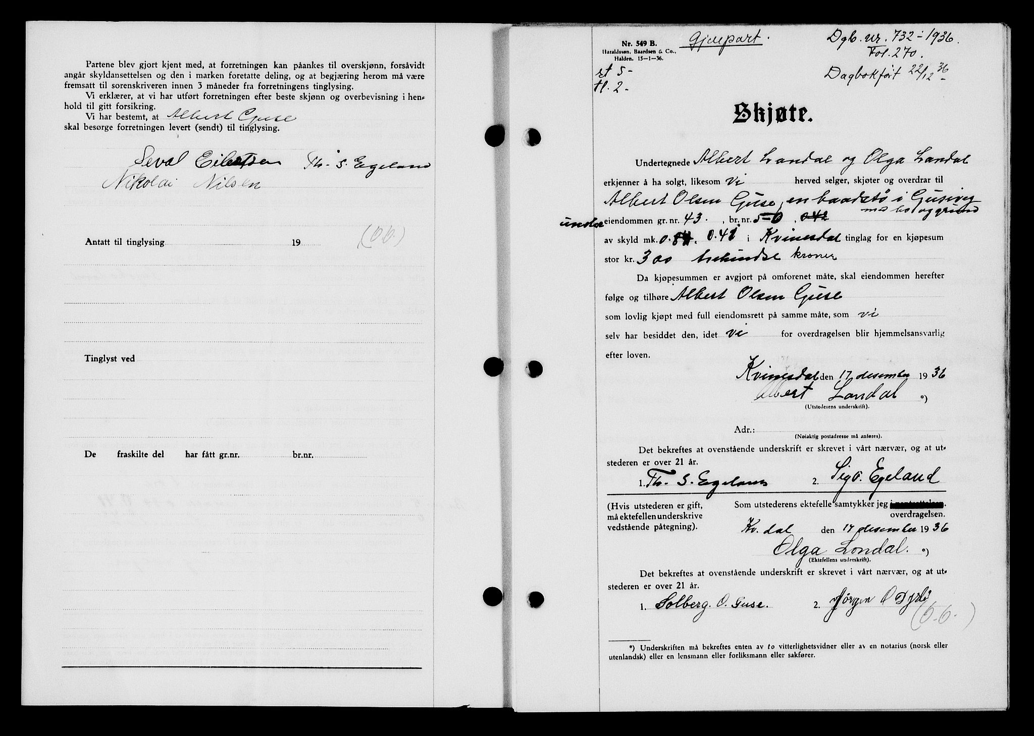 Flekkefjord sorenskriveri, SAK/1221-0001/G/Gb/Gba/L0053: Mortgage book no. A-1, 1936-1937, Diary no: : 732/1936