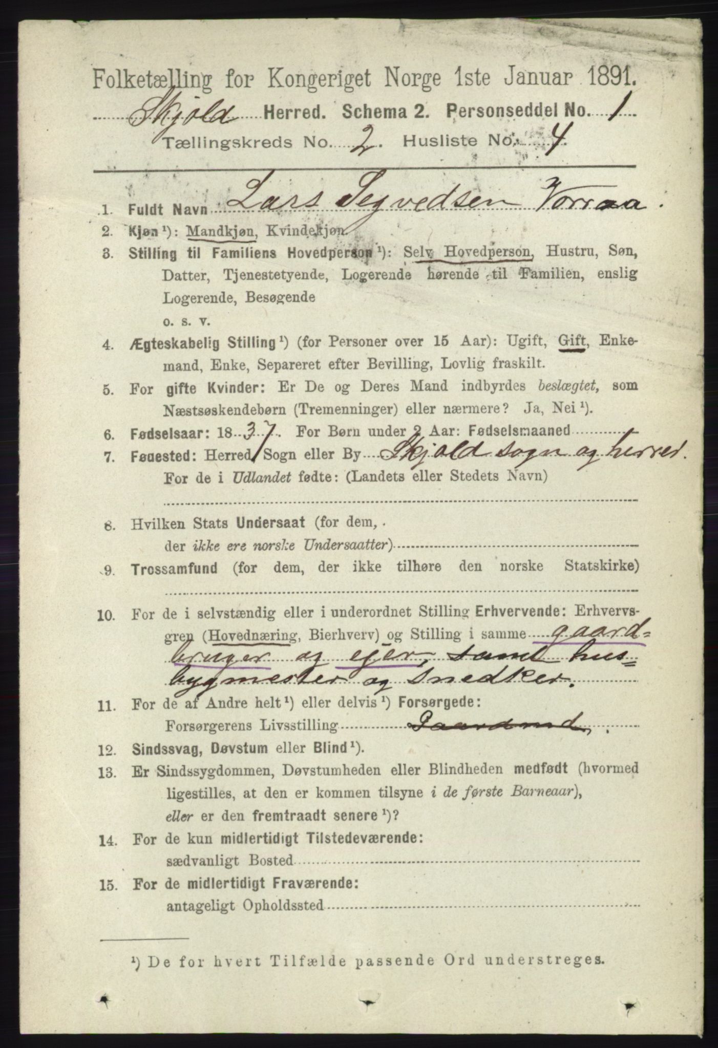 RA, 1891 census for 1154 Skjold, 1891, p. 299