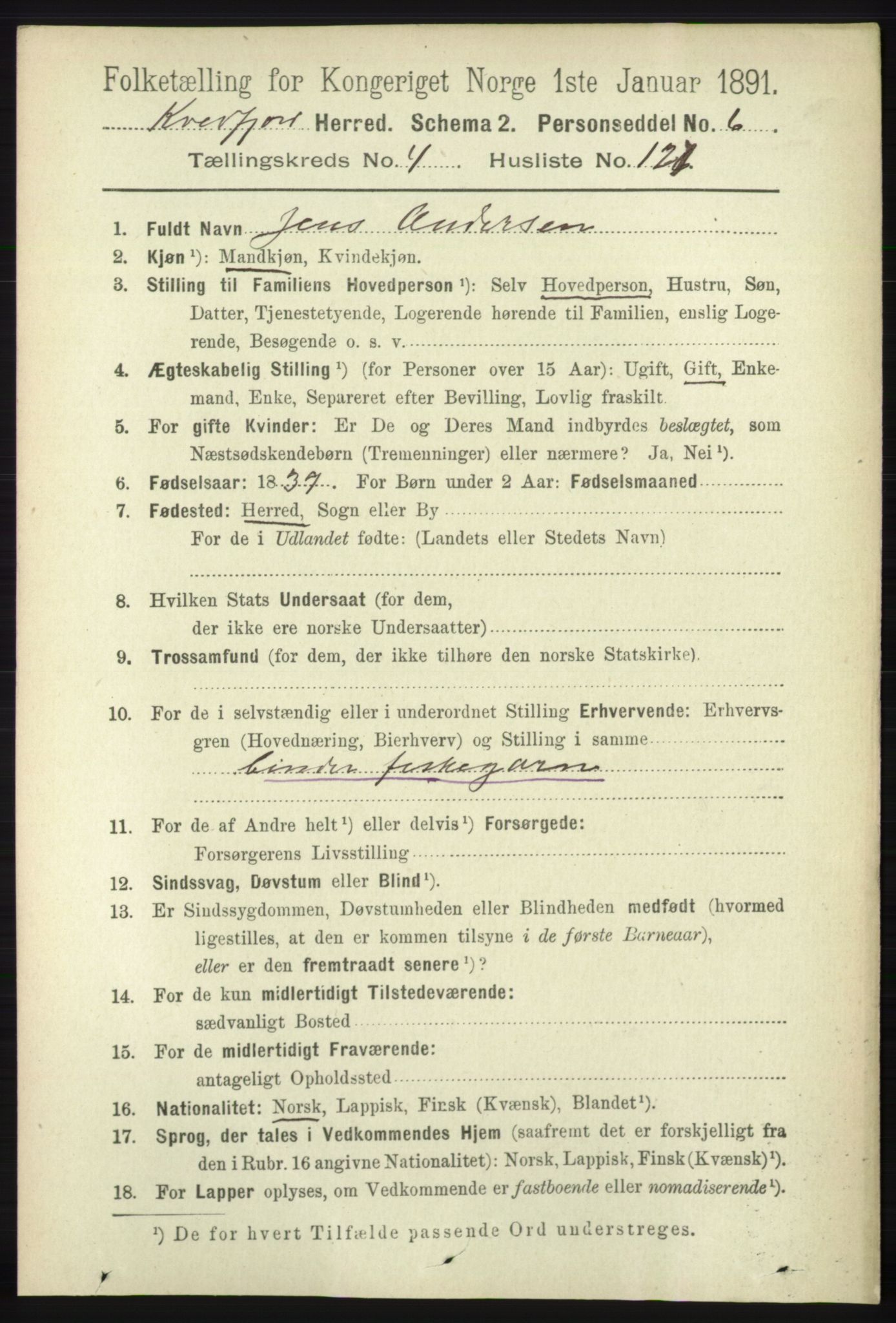 RA, 1891 census for 1911 Kvæfjord, 1891, p. 2699