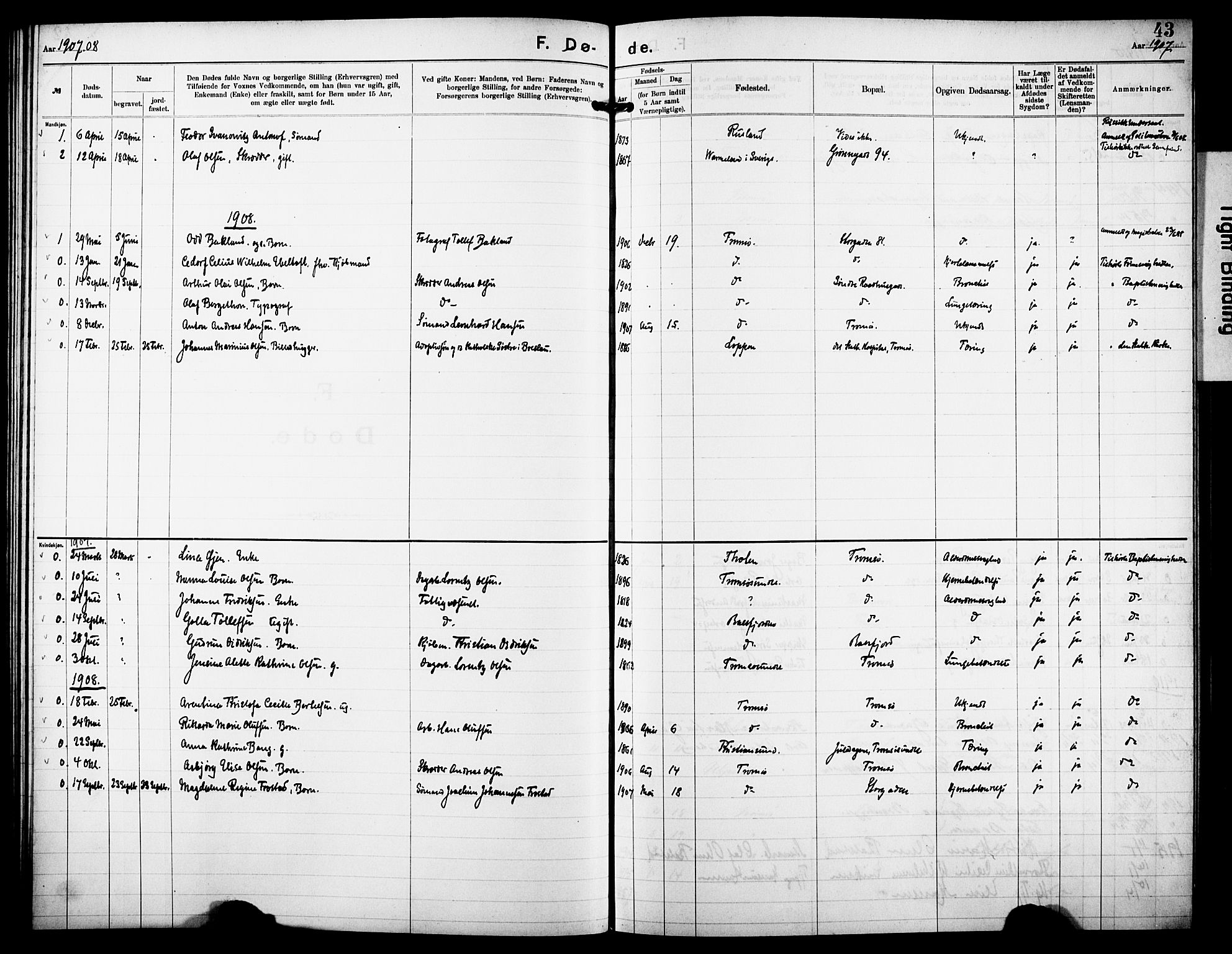 Tromsø sokneprestkontor/stiftsprosti/domprosti, SATØ/S-1343/G/Ge/L0068: Dissenter register no. 68, 1907-1917, p. 43