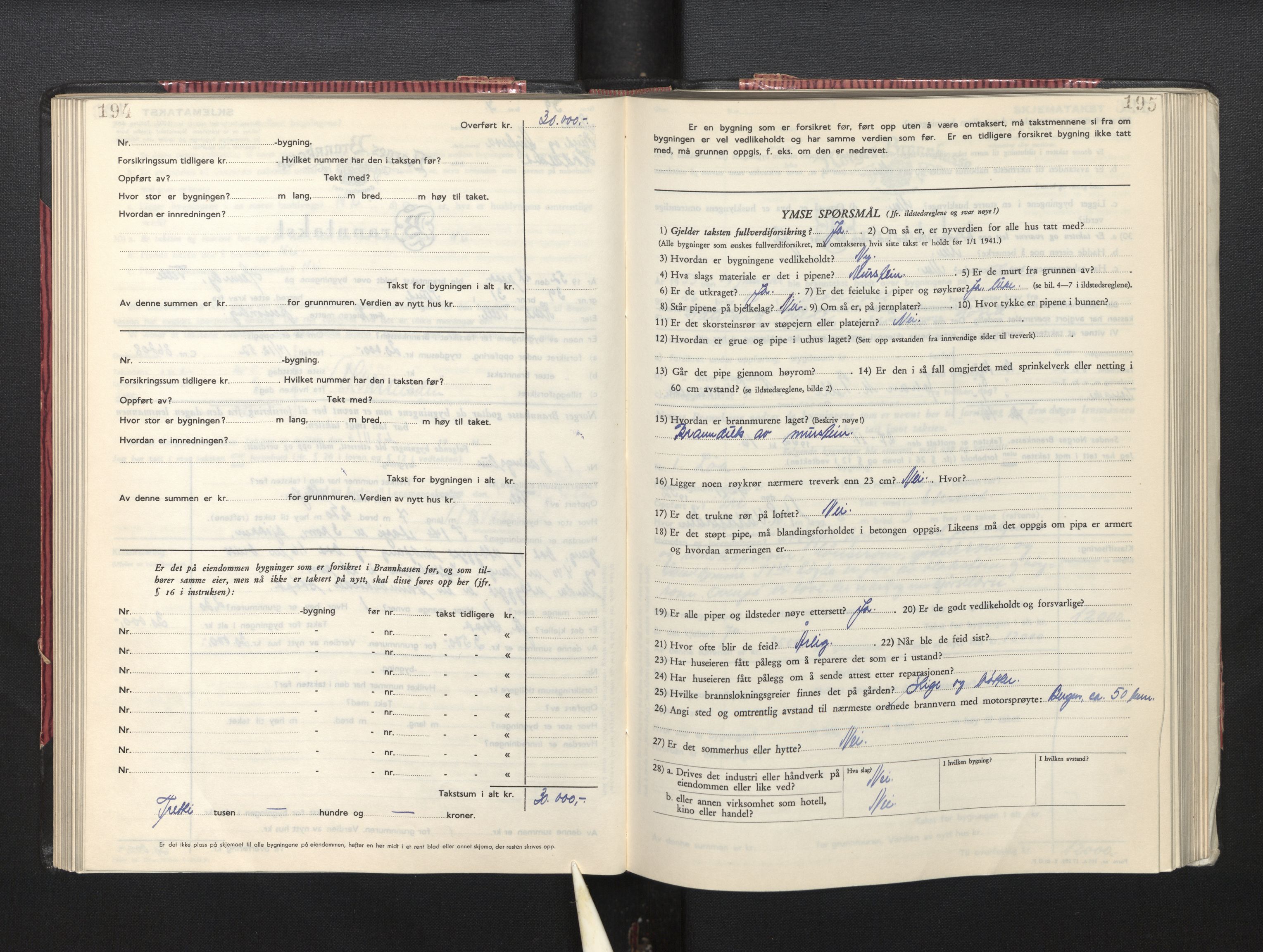 Lensmannen i Sund og Austevoll, AV/SAB-A-35201/0012/L0005: Branntakstprotokoll, skjematakst, 1949-1955, p. 194-195