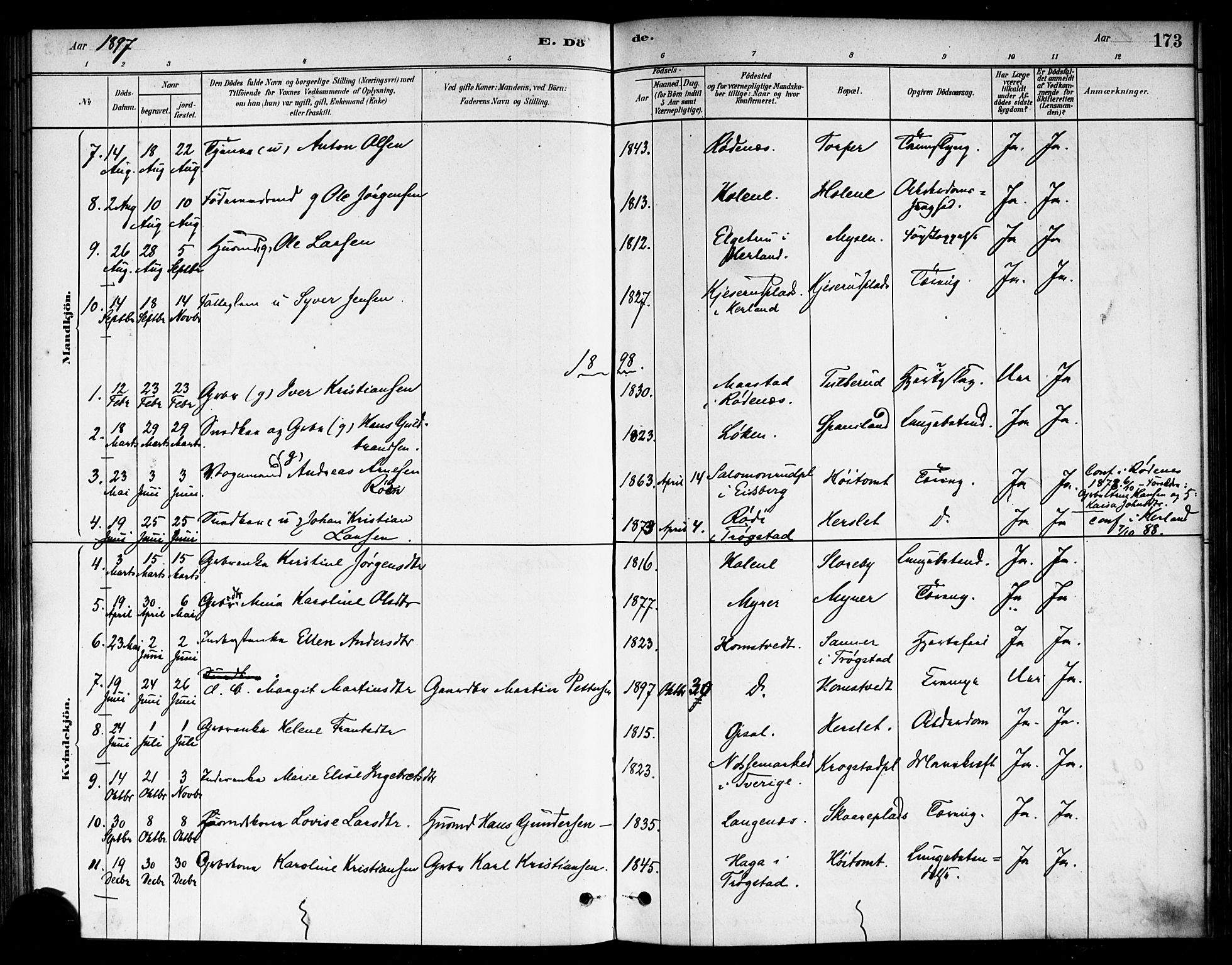 Eidsberg prestekontor Kirkebøker, AV/SAO-A-10905/F/Fb/L0001: Parish register (official) no. II 1, 1879-1900, p. 173