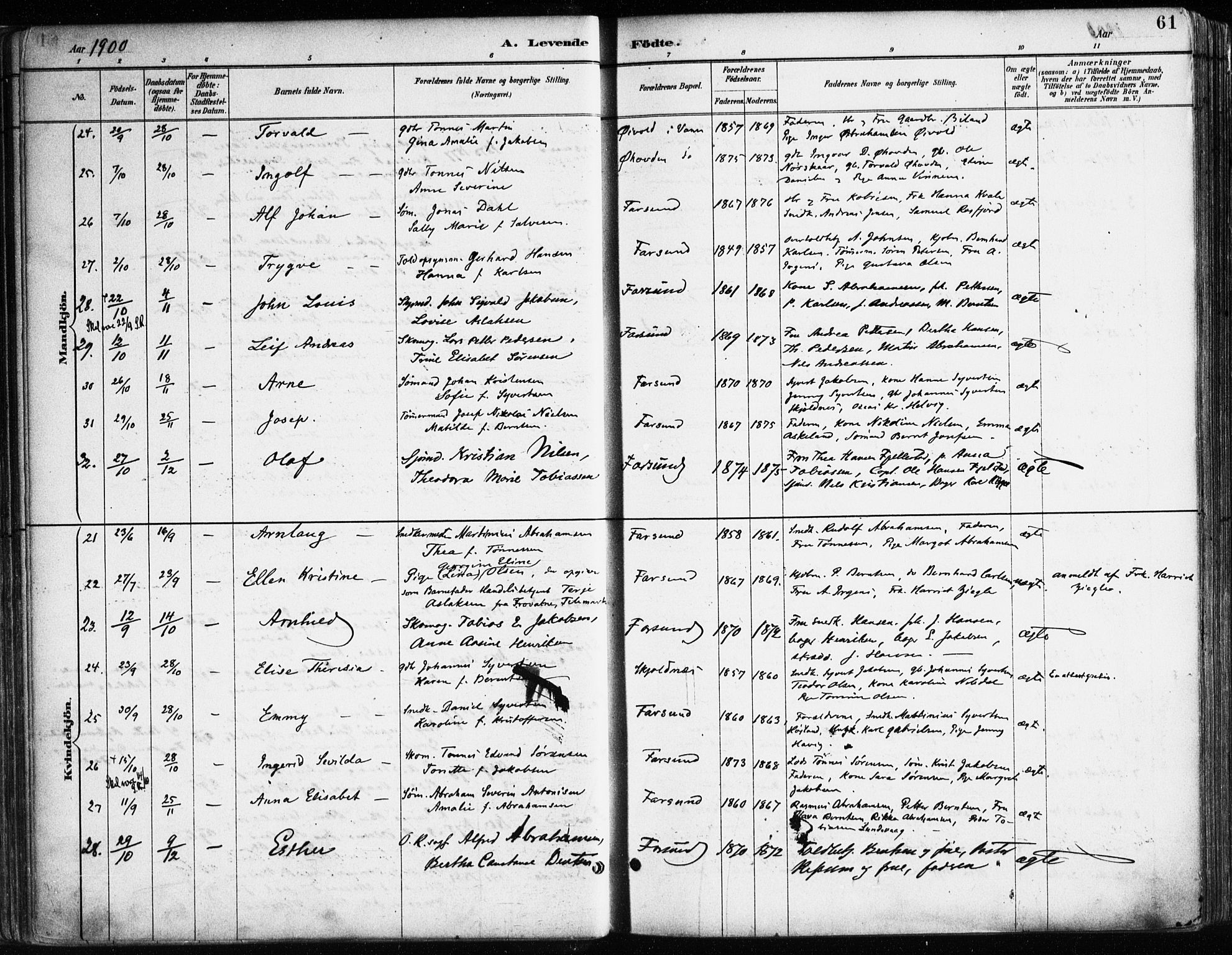 Farsund sokneprestkontor, SAK/1111-0009/F/Fa/L0006: Parish register (official) no. A 6, 1887-1920, p. 61