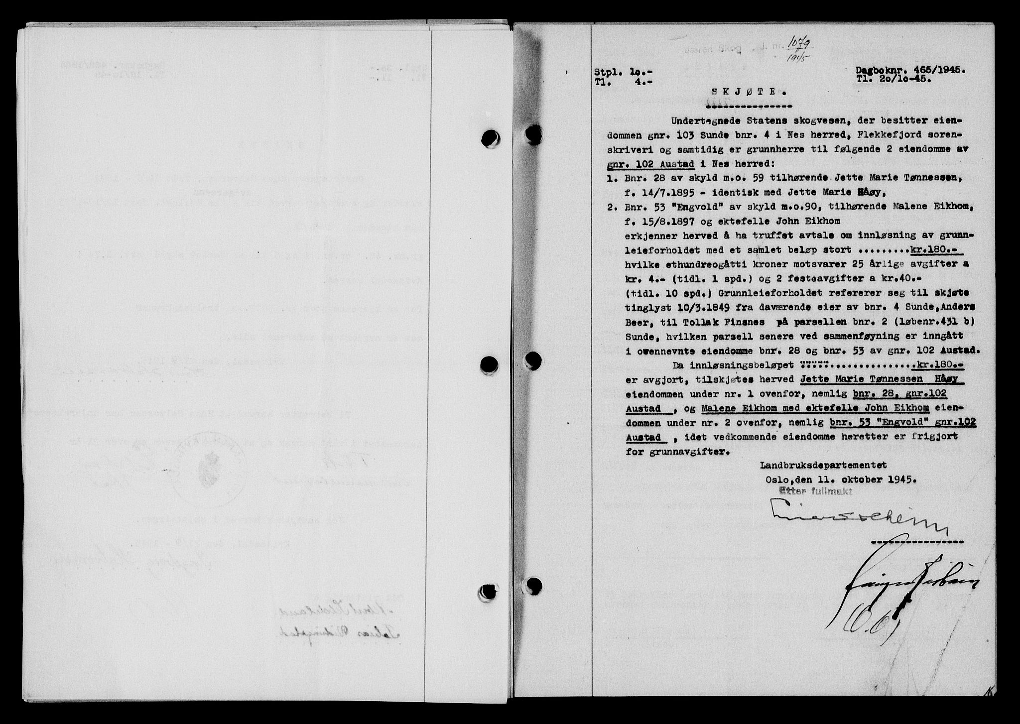 Flekkefjord sorenskriveri, SAK/1221-0001/G/Gb/Gba/L0060: Mortgage book no. A-8, 1945-1946, Diary no: : 465/1945