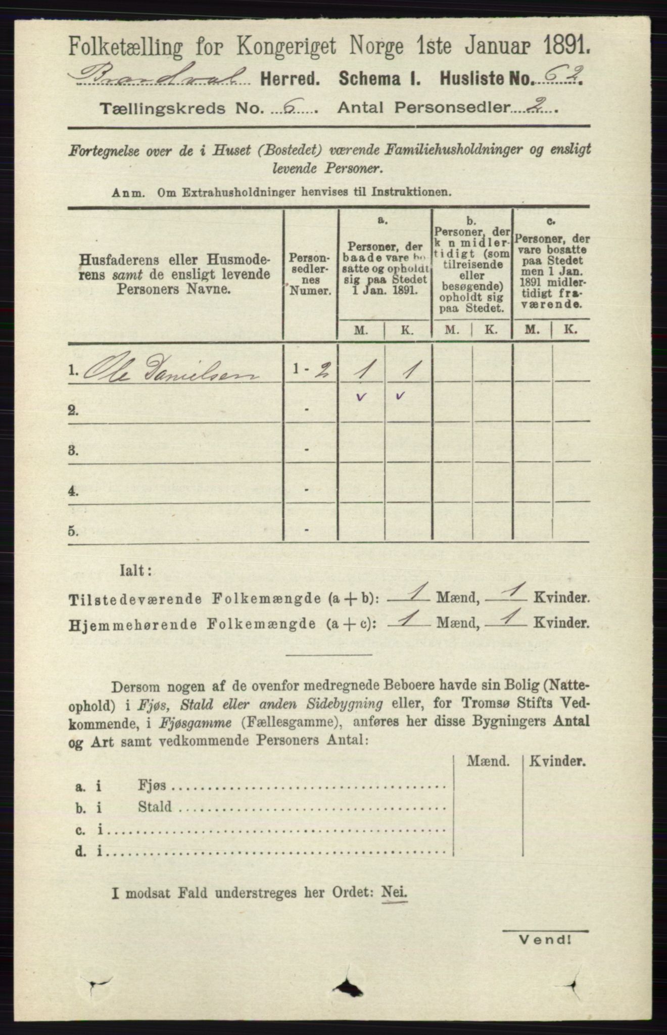 RA, 1891 census for 0422 Brandval, 1891, p. 2845