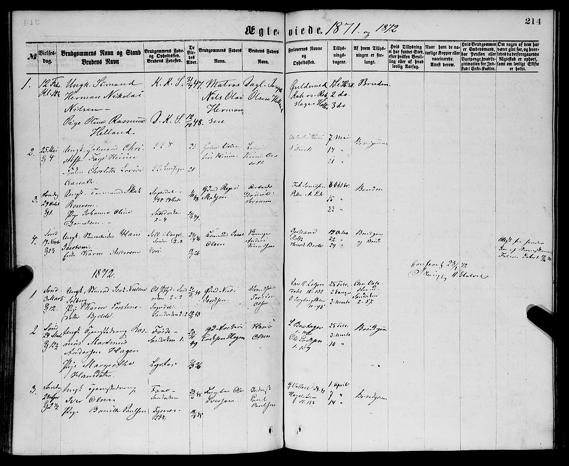 Sandviken Sokneprestembete, SAB/A-77601/H/Ha/L0001: Parish register (official) no. A 1, 1867-1877, p. 214