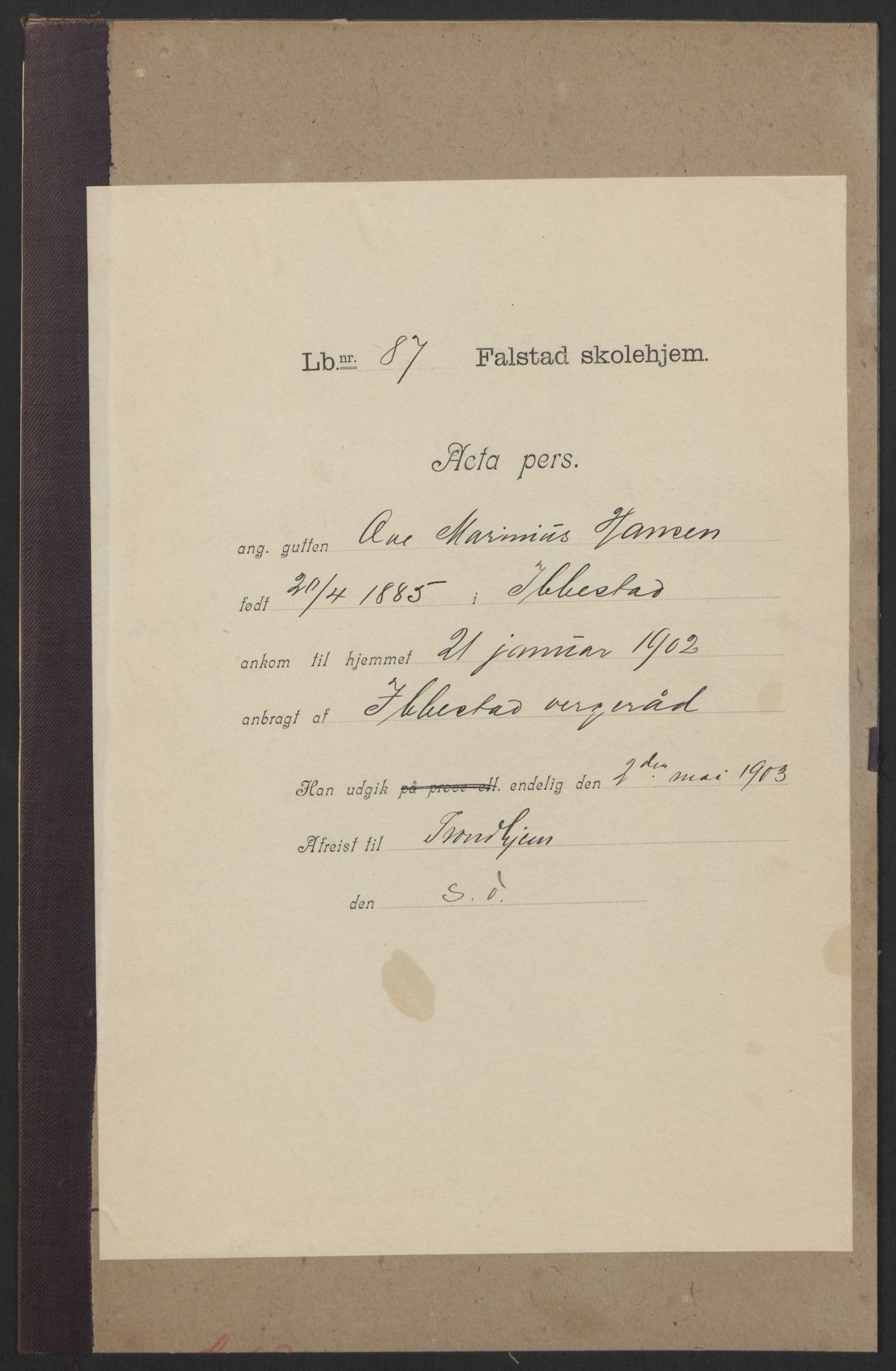 Falstad skolehjem, AV/RA-S-1676/E/Eb/L0004: Elevmapper løpenr. 81-98, 1901-1909, p. 89