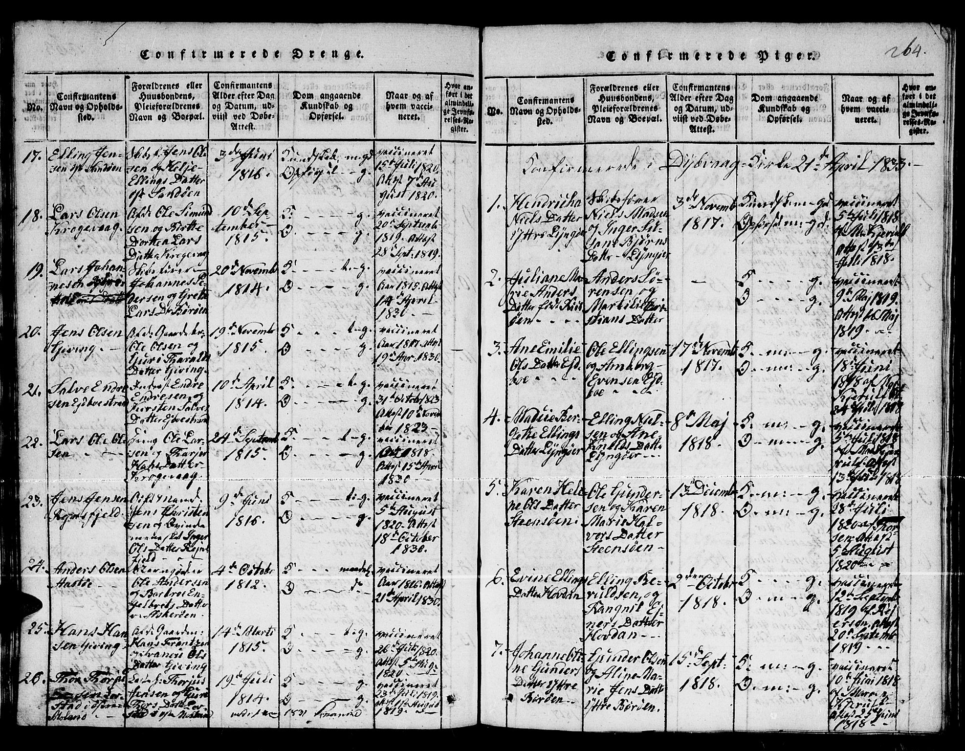Dypvåg sokneprestkontor, SAK/1111-0007/F/Fb/Fba/L0009: Parish register (copy) no. B 9, 1816-1842, p. 264