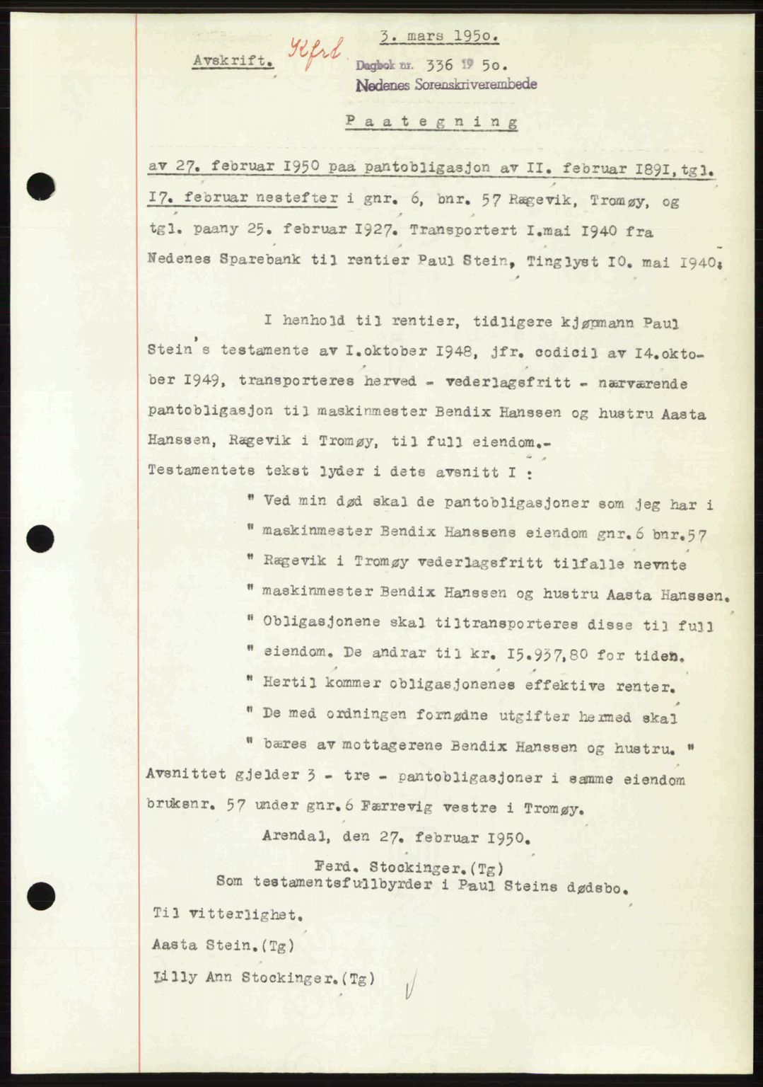 Nedenes sorenskriveri, AV/SAK-1221-0006/G/Gb/Gba/L0062: Mortgage book no. A14, 1949-1950, Diary no: : 336/1950