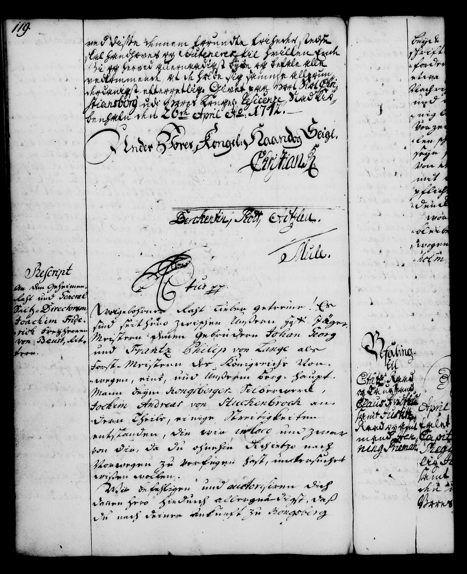 Rentekammeret, Kammerkanselliet, RA/EA-3111/G/Gg/Gga/L0005: Norsk ekspedisjonsprotokoll med register (merket RK 53.5), 1741-1749, p. 119