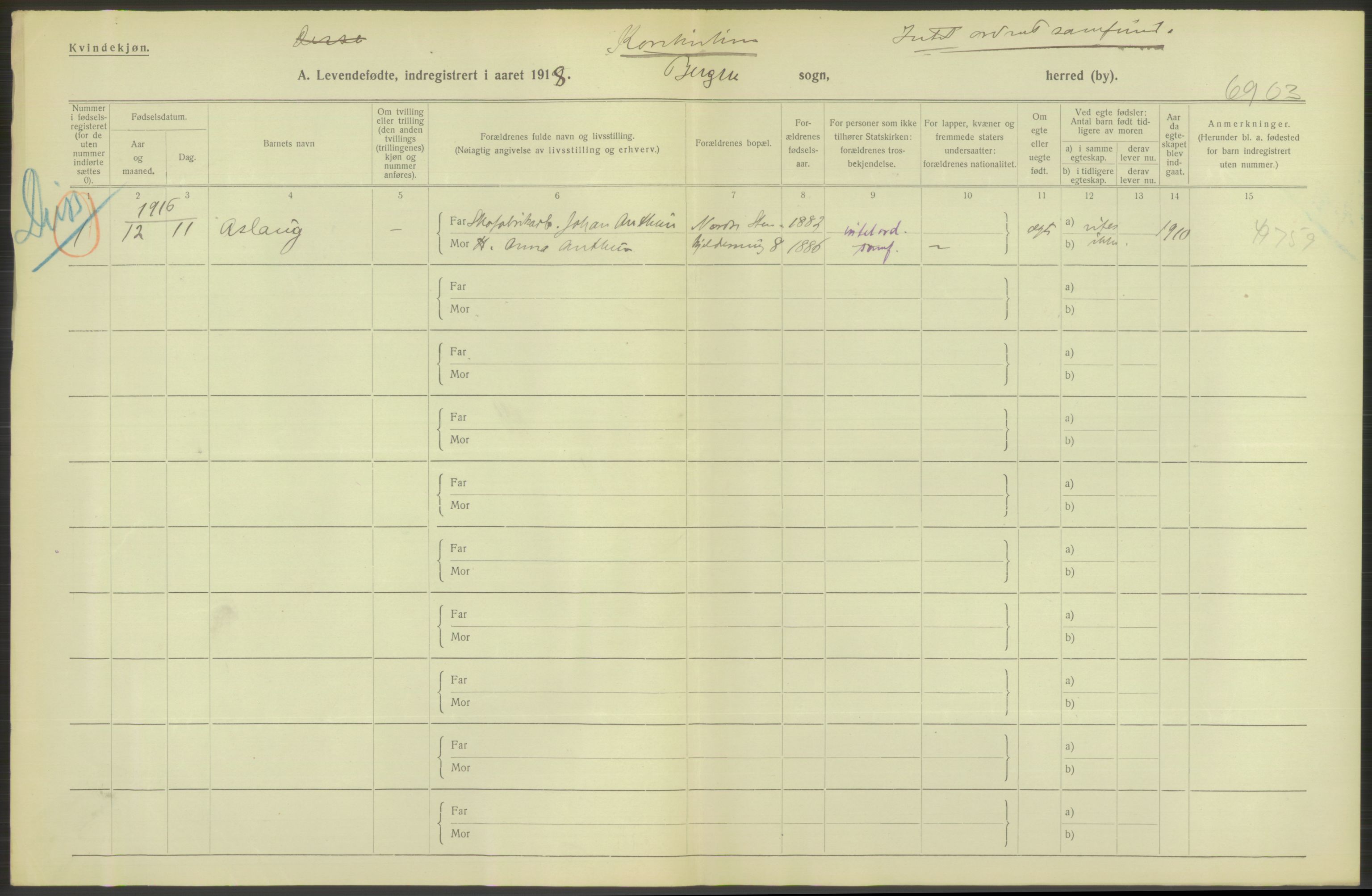 Statistisk sentralbyrå, Sosiodemografiske emner, Befolkning, AV/RA-S-2228/D/Df/Dfb/Dfbh/L0037: Bergen: Levendefødte menn og kvinner., 1918, p. 552