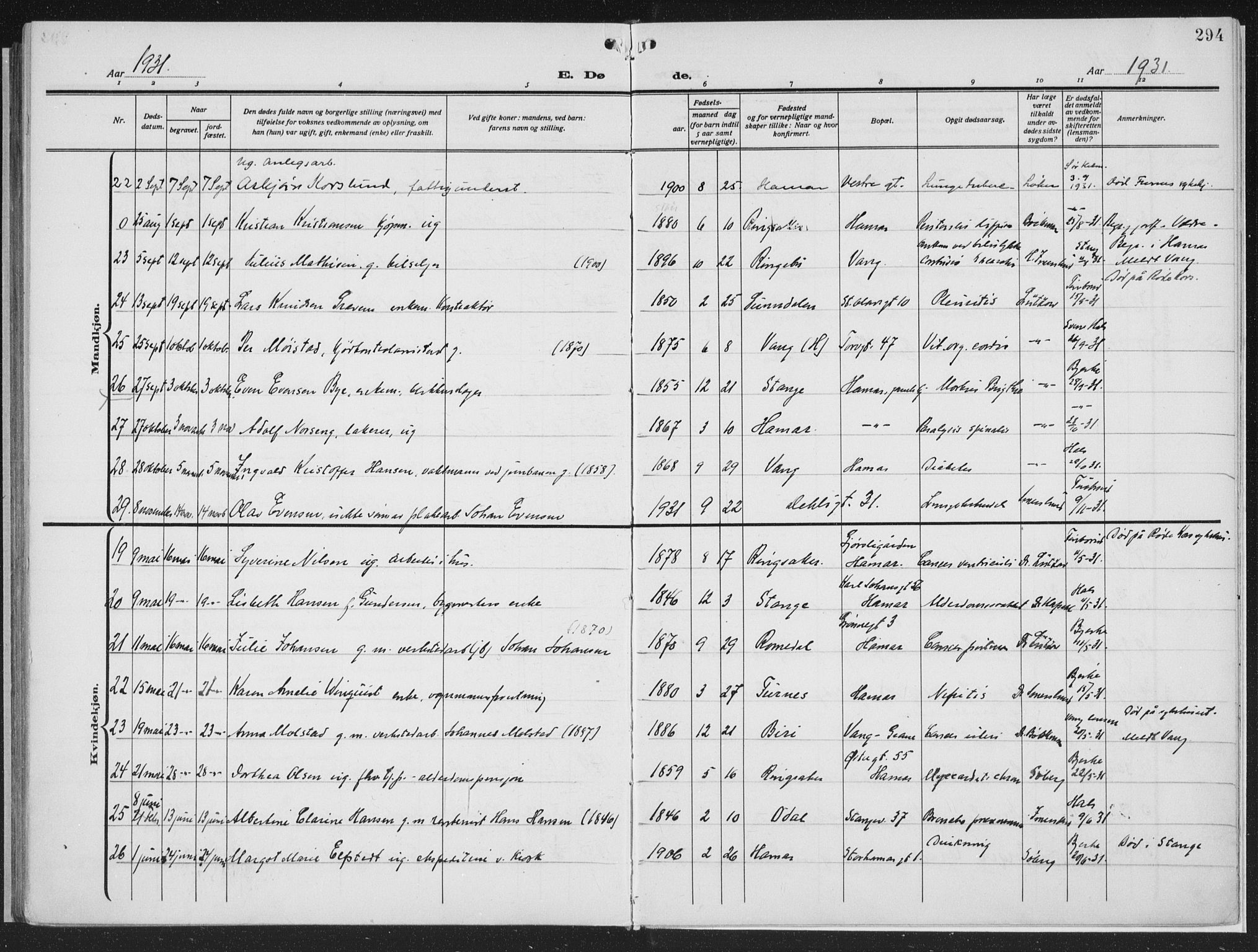 Hamar prestekontor, AV/SAH-DOMPH-002/H/Ha/Haa/L0002: Parish register (official) no. 2, 1915-1936, p. 294