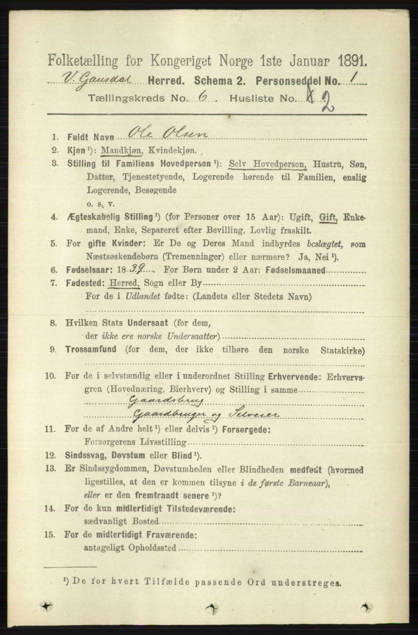 RA, 1891 census for 0523 Vestre Gausdal, 1891, p. 2559