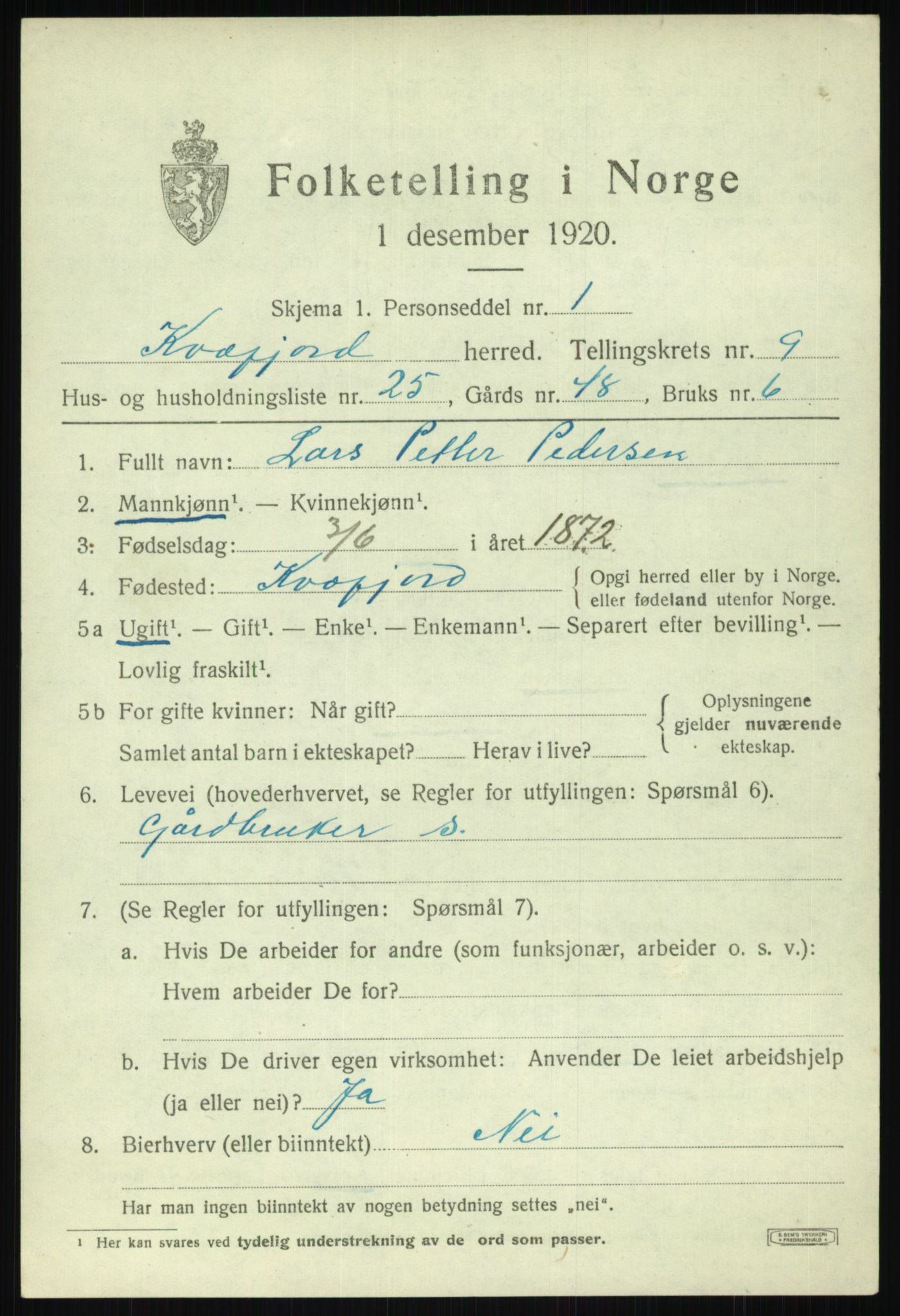 SATØ, 1920 census for Kvæfjord, 1920, p. 4515