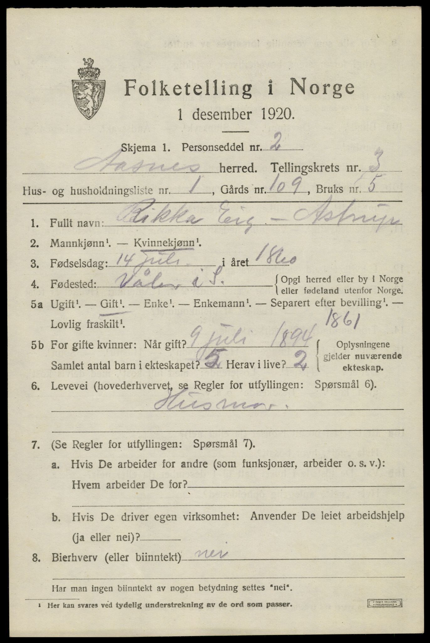 SAH, 1920 census for Åsnes, 1920, p. 3604