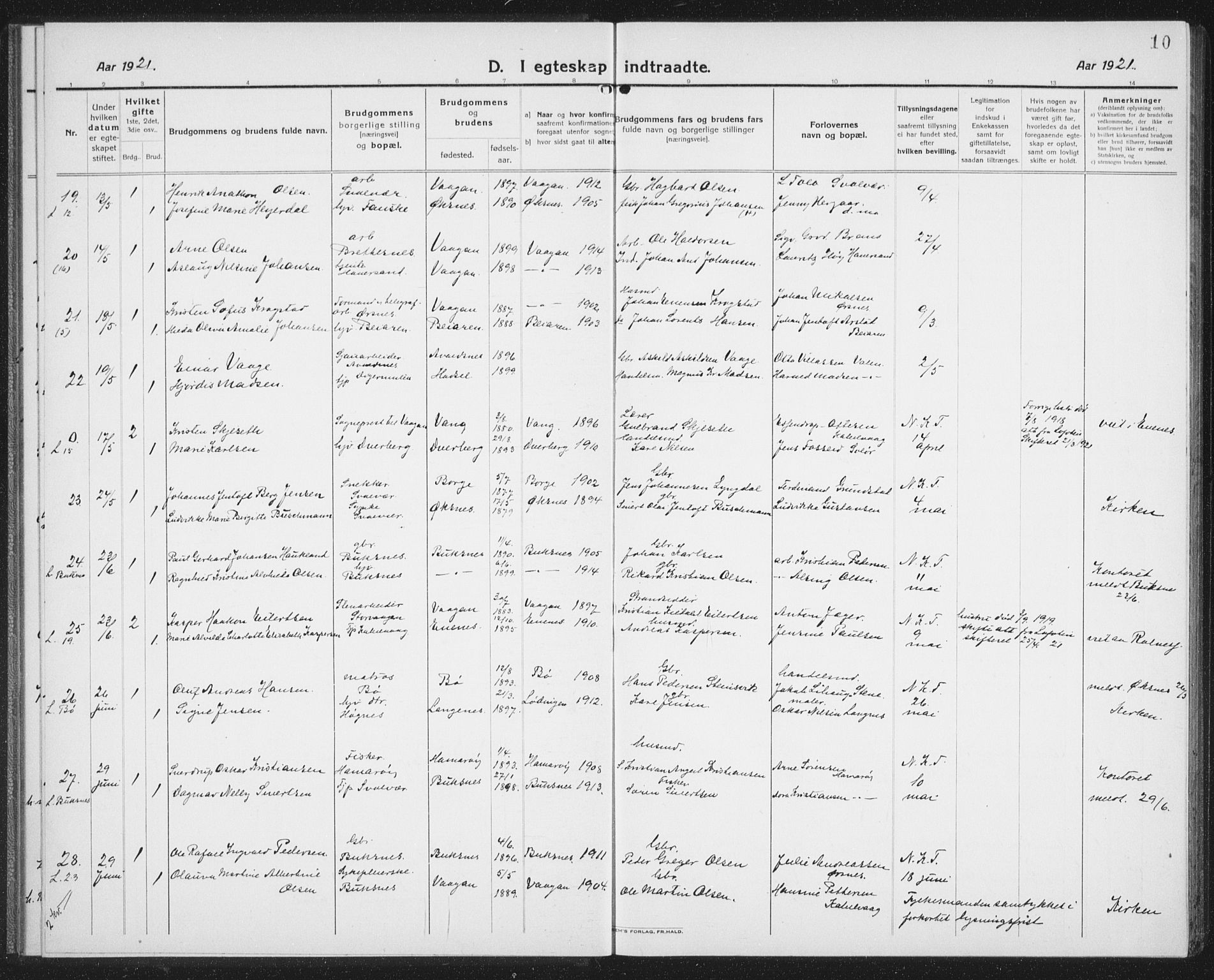 Ministerialprotokoller, klokkerbøker og fødselsregistre - Nordland, AV/SAT-A-1459/874/L1082: Parish register (copy) no. 874C11, 1920-1939, p. 10