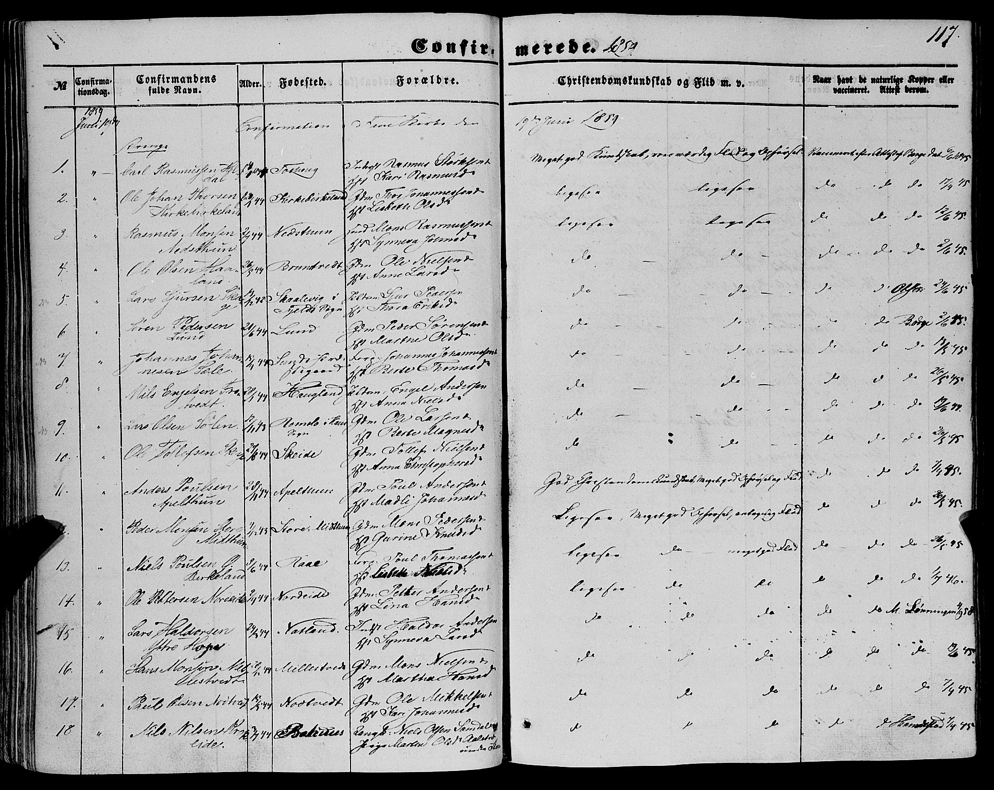 Fana Sokneprestembete, SAB/A-75101/H/Haa/Haaa/L0011: Parish register (official) no. A 11, 1851-1862, p. 117