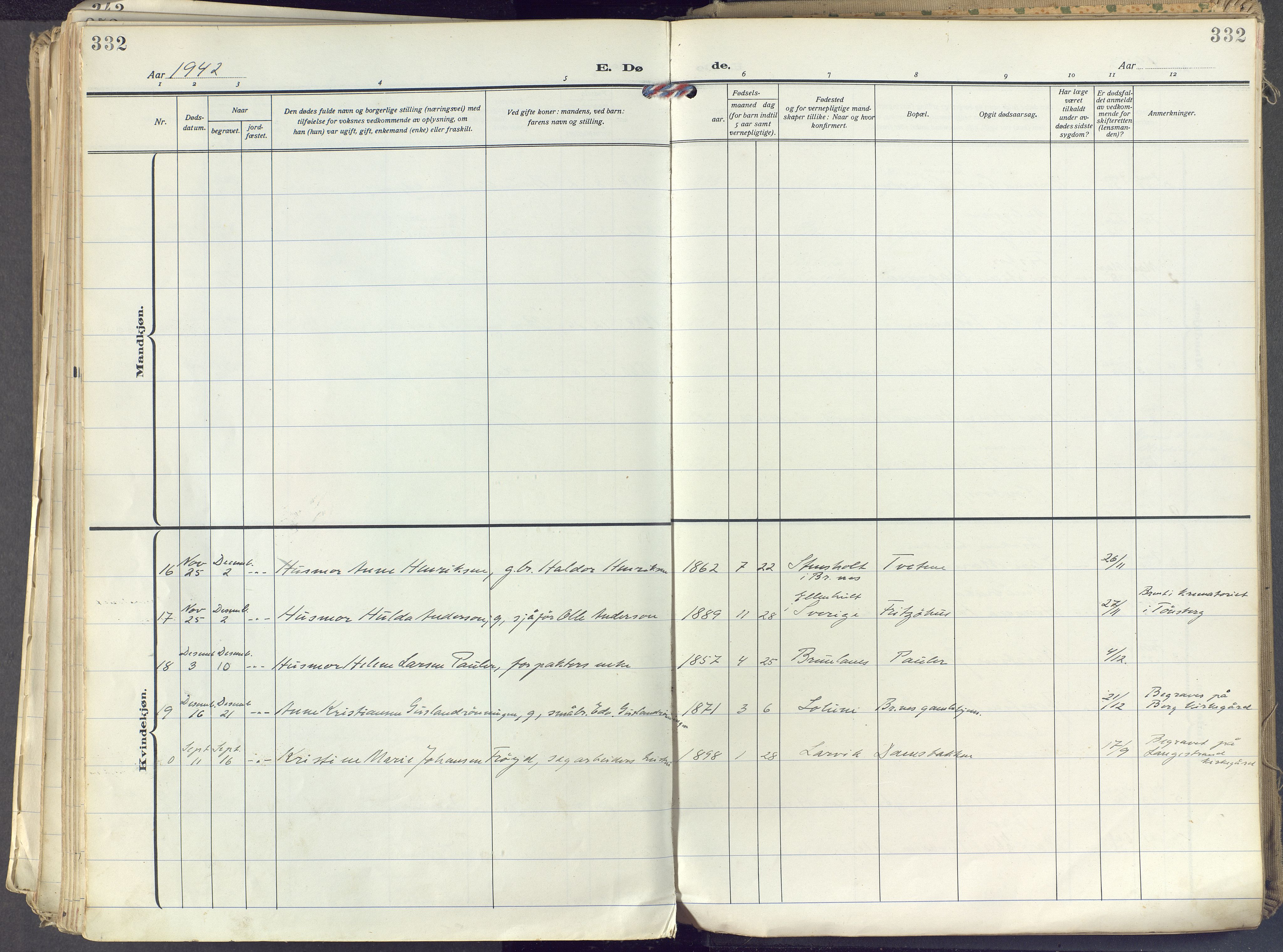 Brunlanes kirkebøker, AV/SAKO-A-342/F/Fc/L0004: Parish register (official) no. III 4, 1923-1943, p. 332