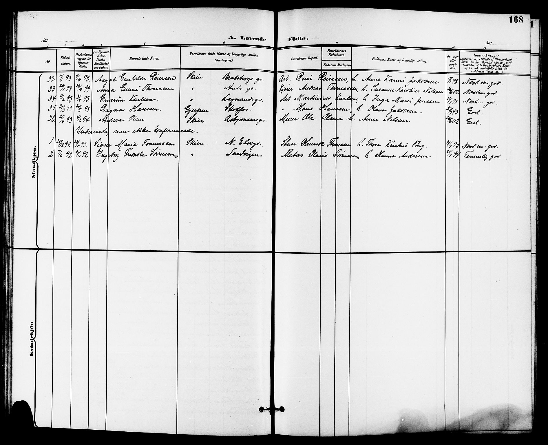 Skien kirkebøker, SAKO/A-302/G/Ga/L0008: Parish register (copy) no. 8, 1900-1910, p. 168