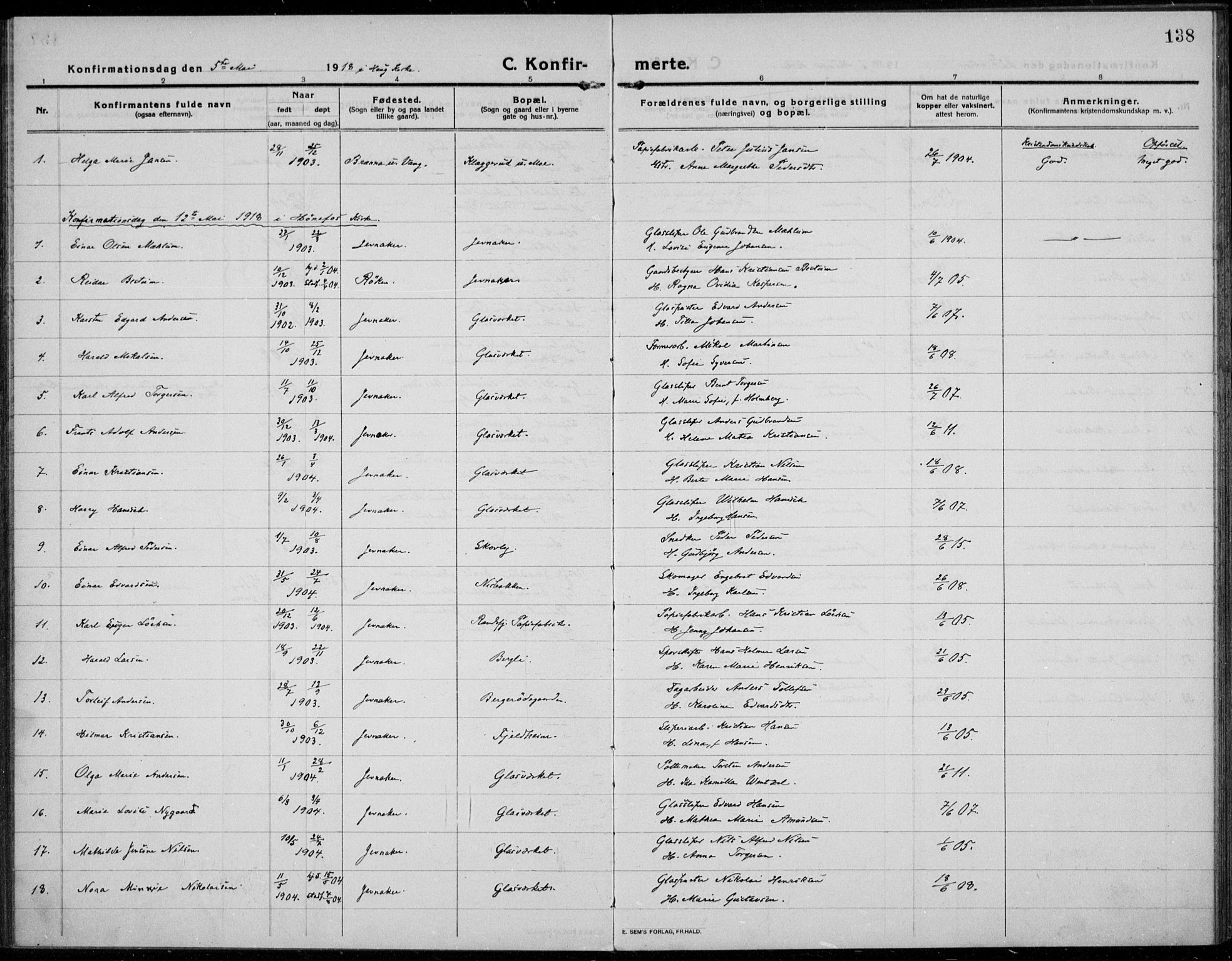 Jevnaker prestekontor, SAH/PREST-116/H/Ha/Haa/L0012: Parish register (official) no. 12, 1914-1924, p. 138