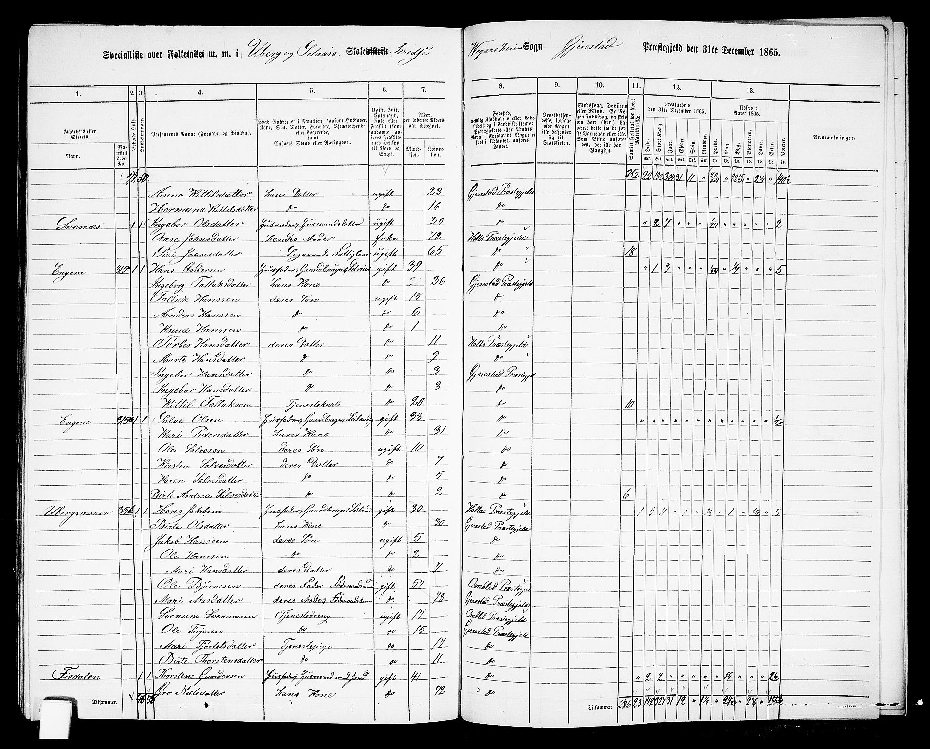 RA, 1865 census for Gjerstad, 1865, p. 197