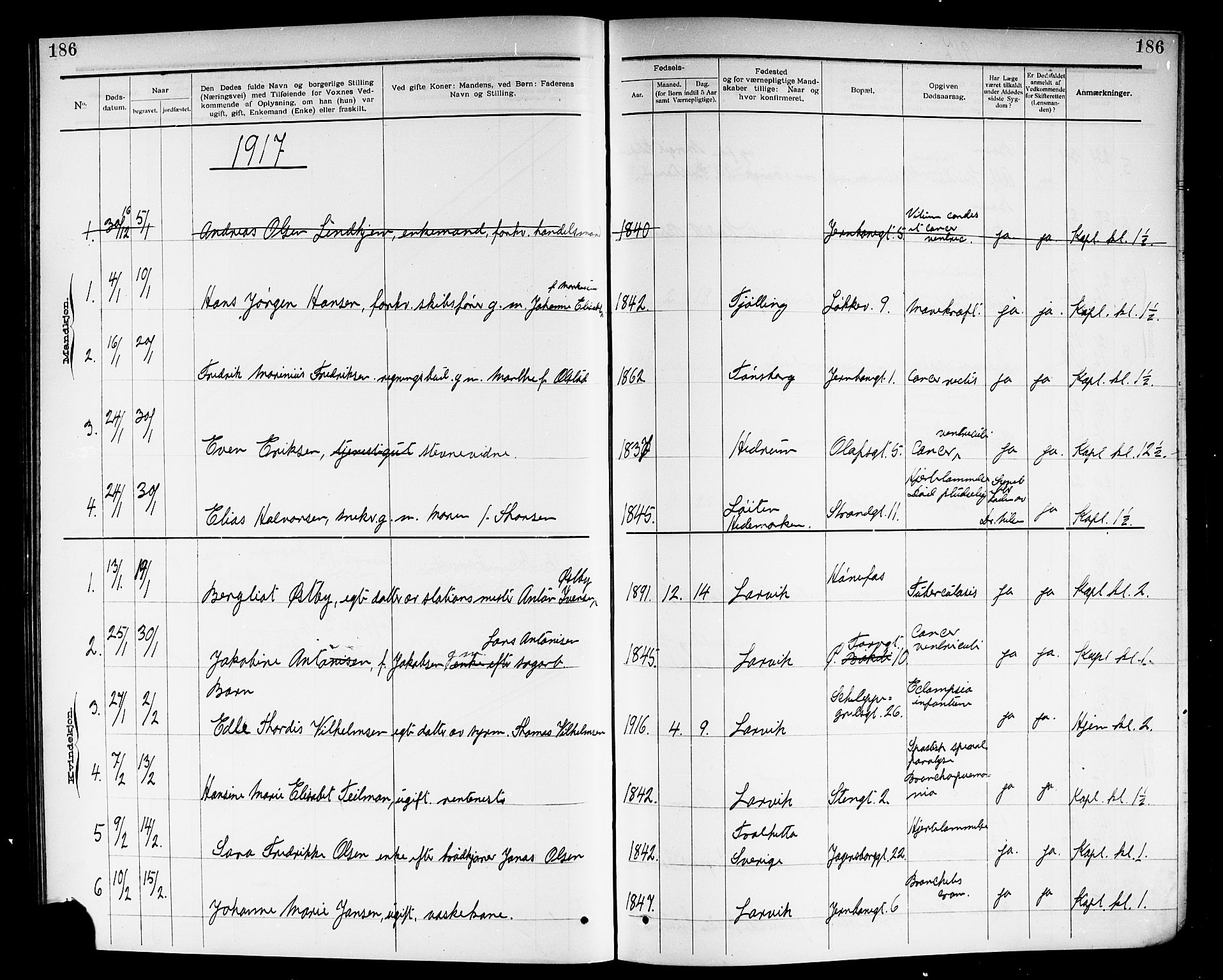 Larvik kirkebøker, SAKO/A-352/G/Ga/L0007: Parish register (copy) no. I 7, 1888-1918, p. 186