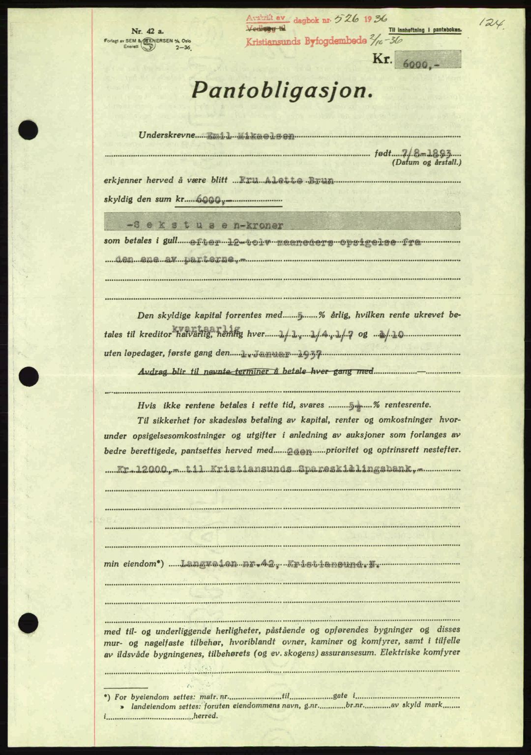 Kristiansund byfogd, AV/SAT-A-4587/A/27: Mortgage book no. 29, 1936-1937, Diary no: : 526/1936