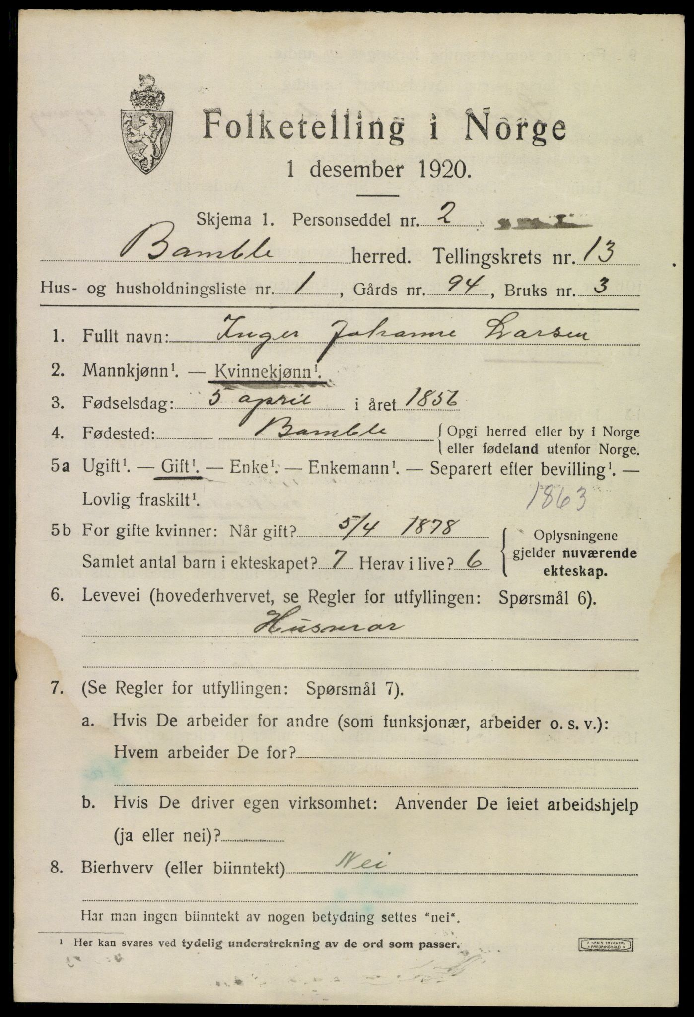 SAKO, 1920 census for Bamble, 1920, p. 9527