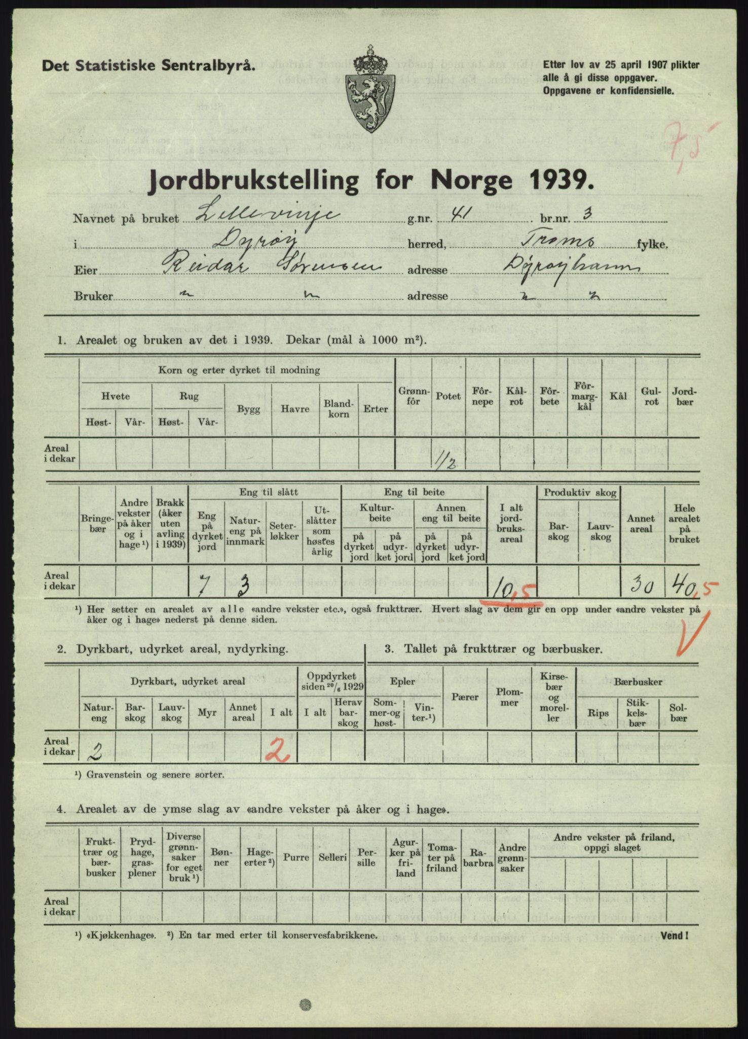 Statistisk sentralbyrå, Næringsøkonomiske emner, Jordbruk, skogbruk, jakt, fiske og fangst, AV/RA-S-2234/G/Gb/L0340: Troms: Salangen og Dyrøy, 1939, p. 1071