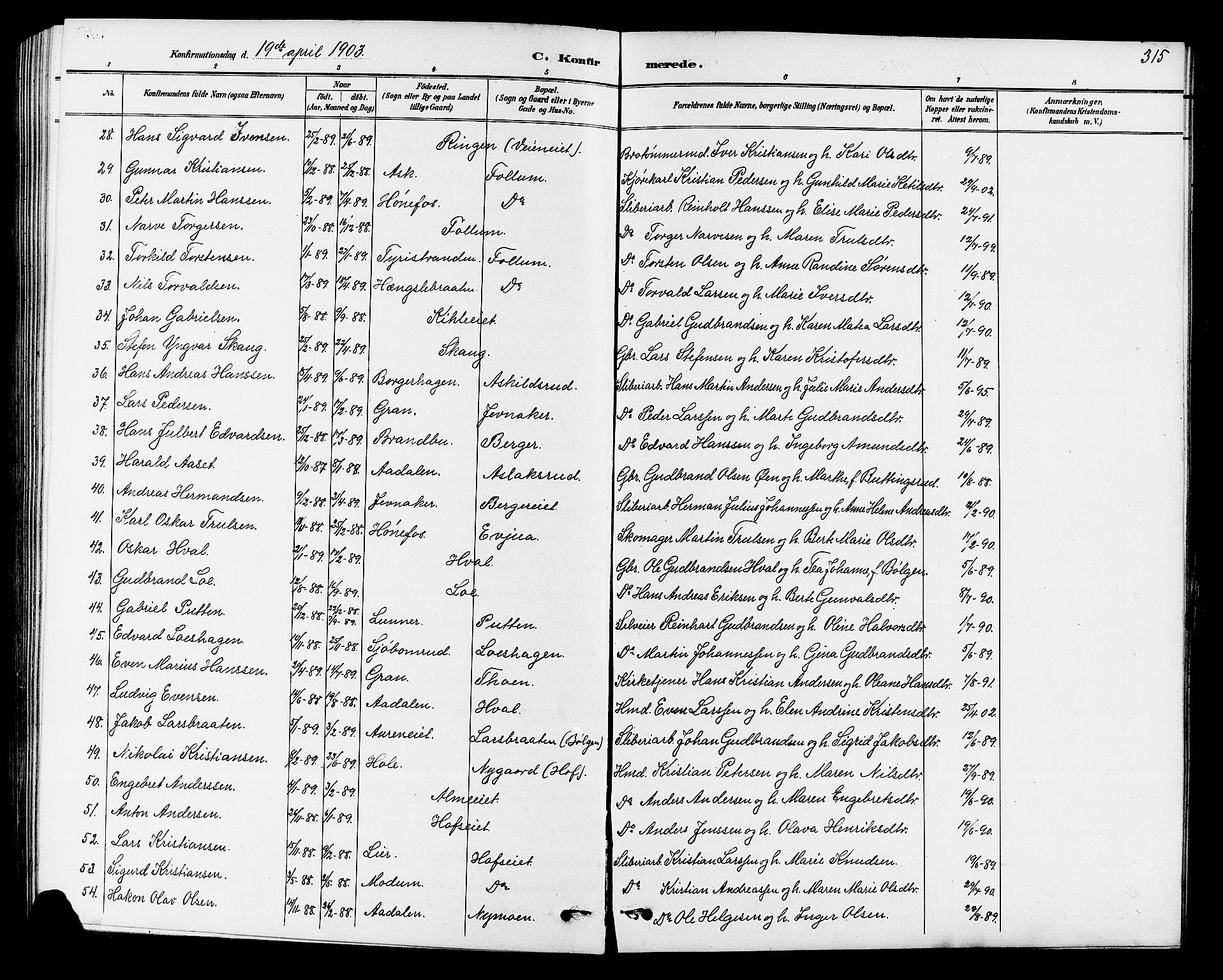 Norderhov kirkebøker, AV/SAKO-A-237/G/Ga/L0008: Parish register (copy) no. I 8, 1887-1912, p. 315