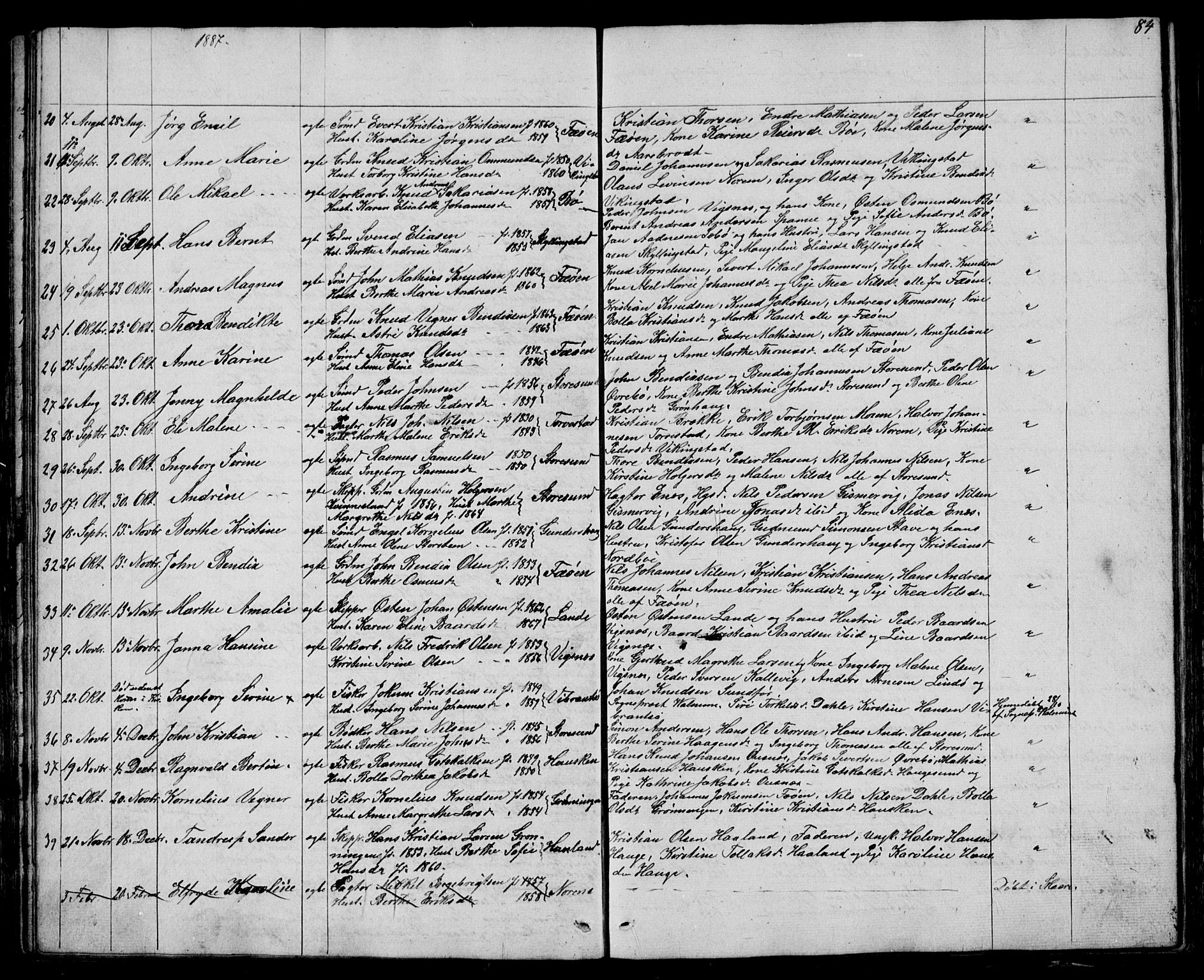 Torvastad sokneprestkontor, SAST/A -101857/H/Ha/Hab/L0003: Parish register (copy) no. B 3, 1850-1900, p. 84