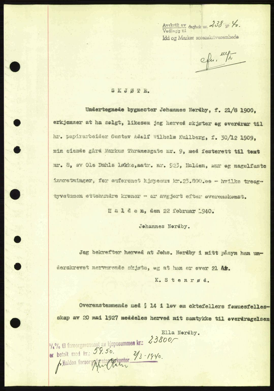 Idd og Marker sorenskriveri, AV/SAO-A-10283/G/Gb/Gbb/L0004: Mortgage book no. A4, 1940-1941, Diary no: : 238/1940