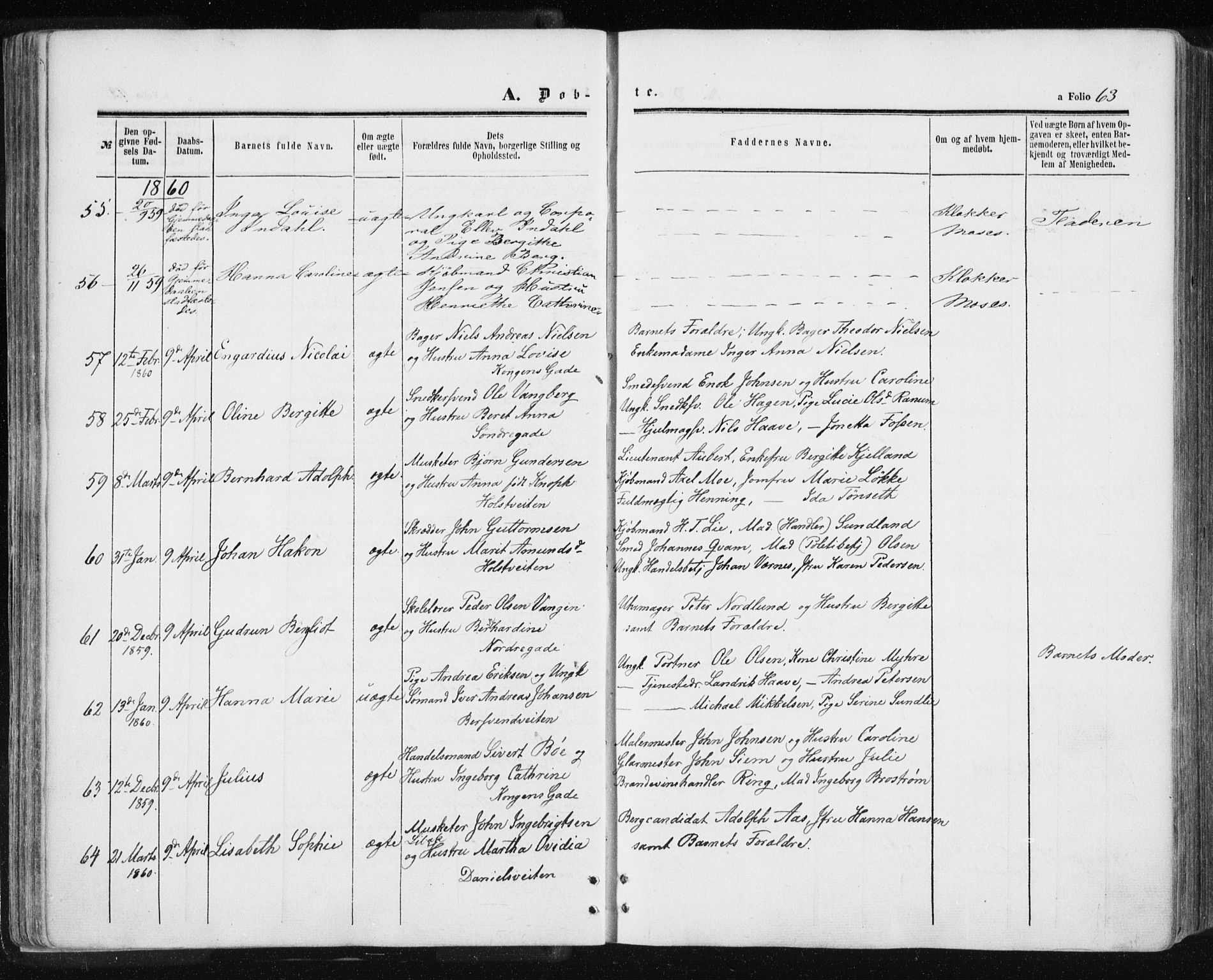 Ministerialprotokoller, klokkerbøker og fødselsregistre - Sør-Trøndelag, SAT/A-1456/601/L0053: Parish register (official) no. 601A21, 1857-1865, p. 63