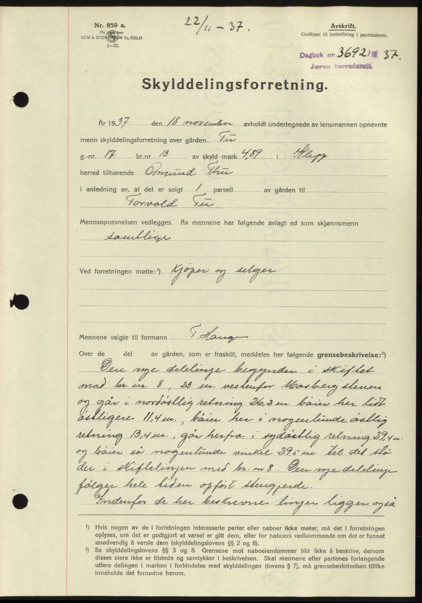Jæren sorenskriveri, SAST/A-100310/03/G/Gba/L0069: Mortgage book, 1937-1937, Diary no: : 3692/1937