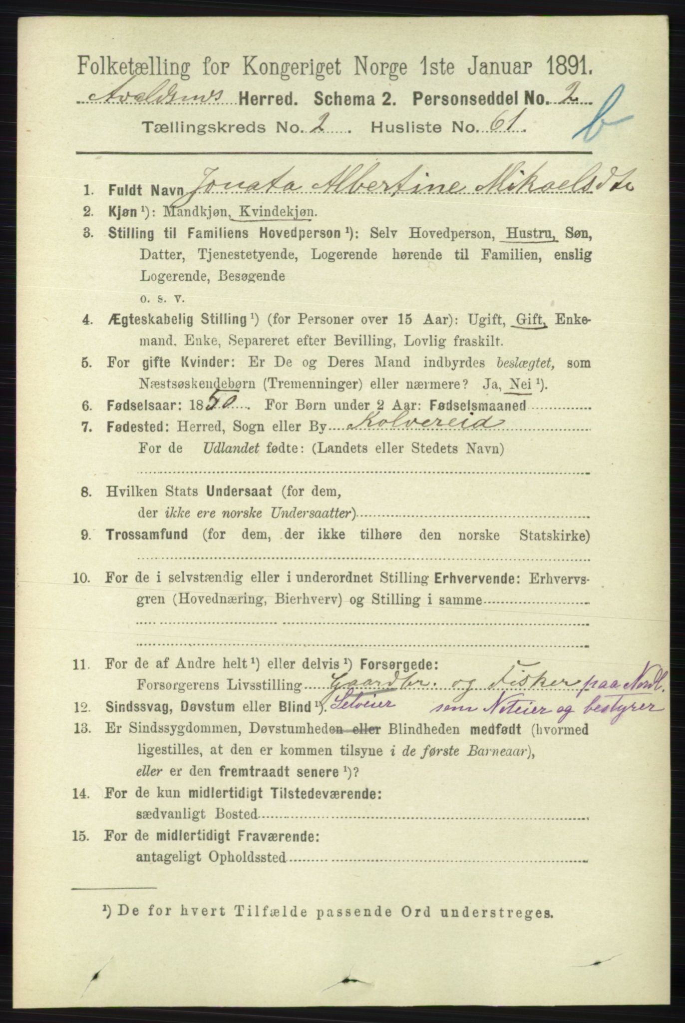 RA, 1891 census for 1147 Avaldsnes, 1891, p. 2313