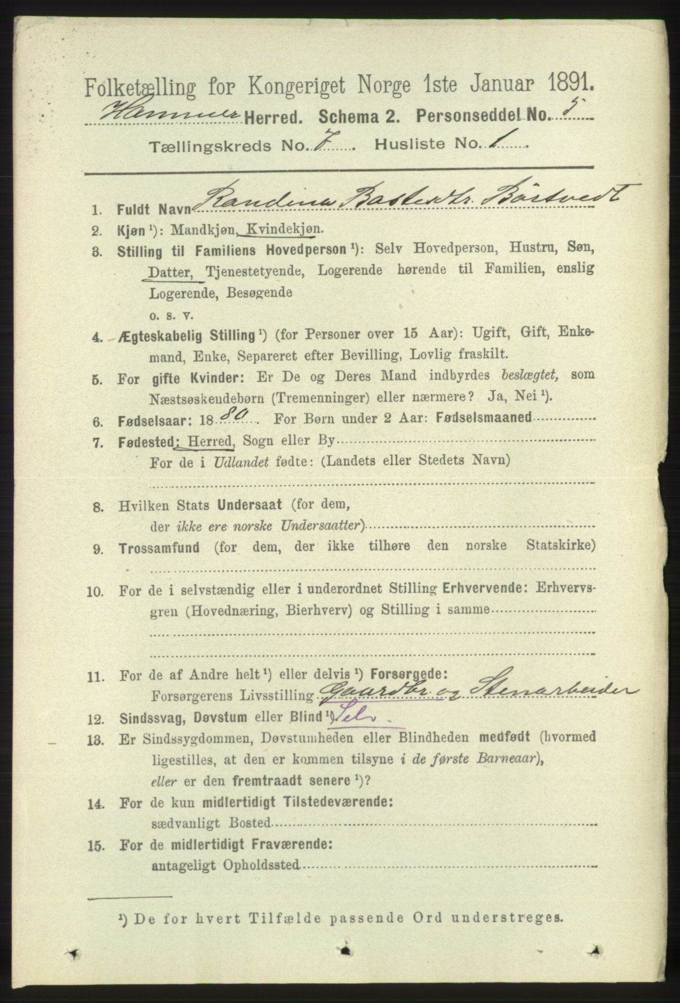 RA, 1891 census for 1254 Hamre, 1891, p. 1701